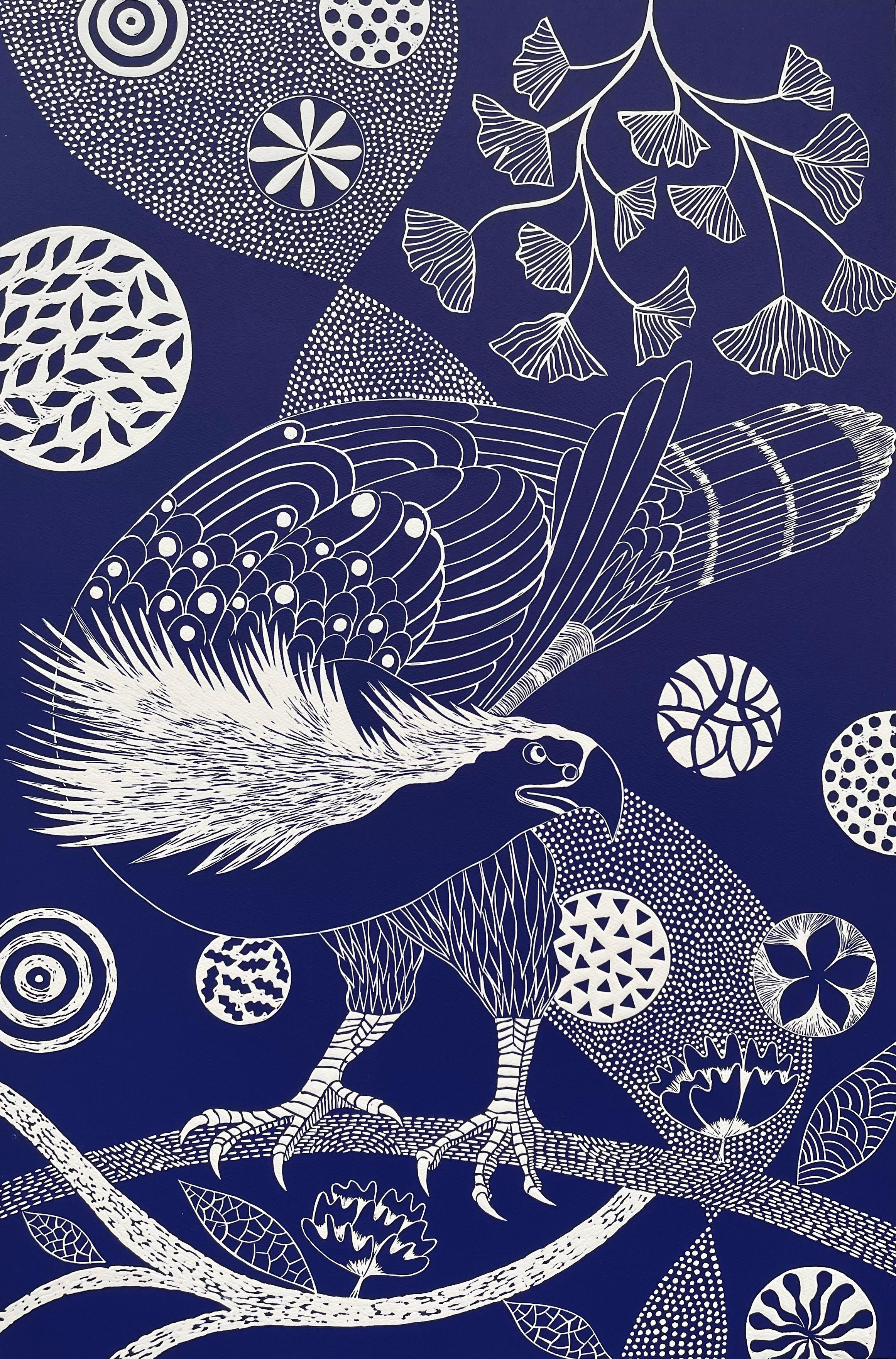 „Reigning and Roosting“   Volkskunst inspirierter Linoleum-Block-Vogeldruck, tiefblau, Volkskunst