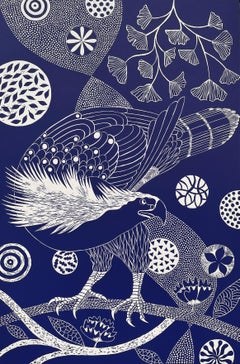 "Reigning and Roosting"   Folk Art inspired linoleum block bird print, deep blue