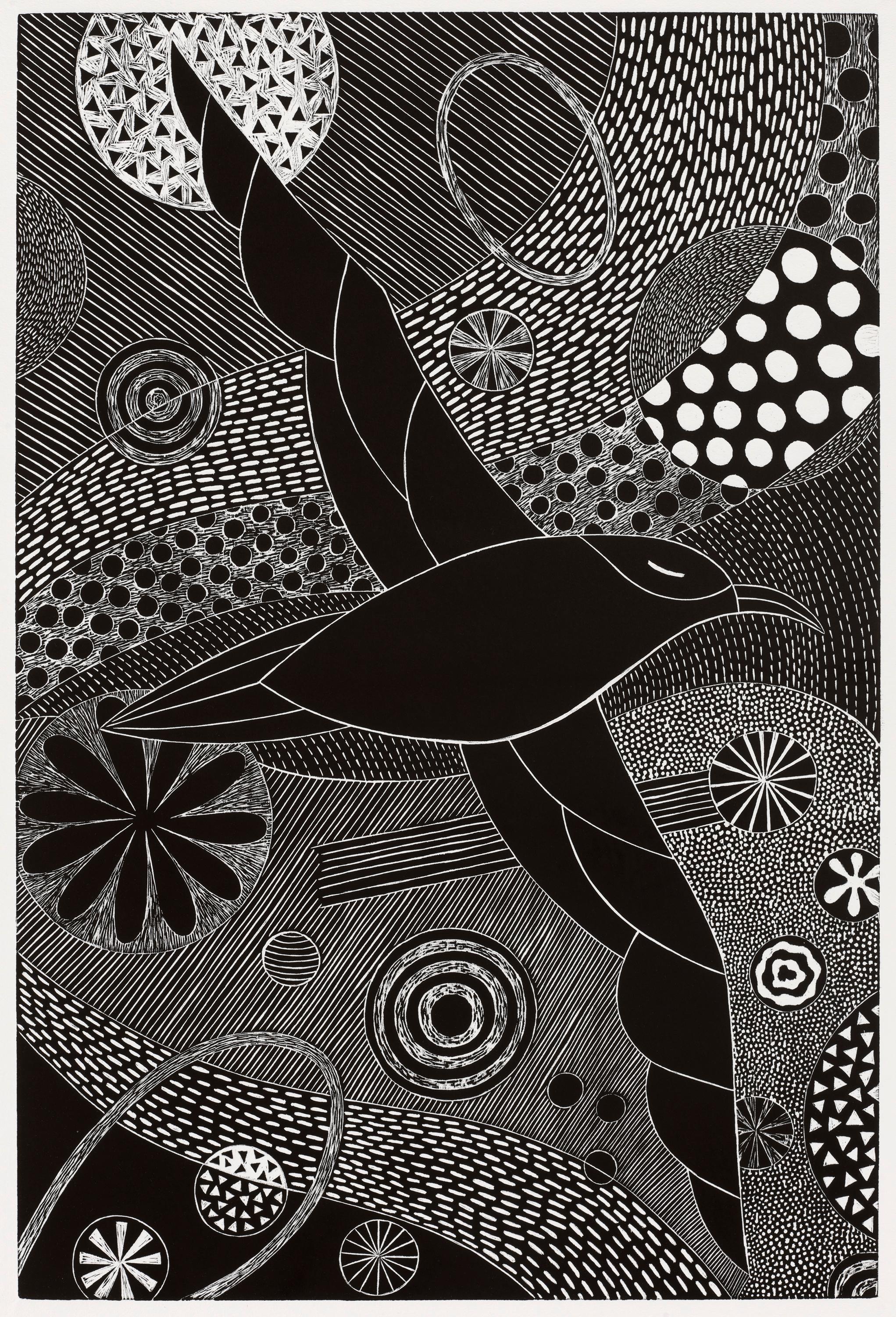 Animal Print Lisa Houck - L'envol et le surf  Gravure sur bois noir/blanc d'inspiration folklorique représentant un oiseau en vol