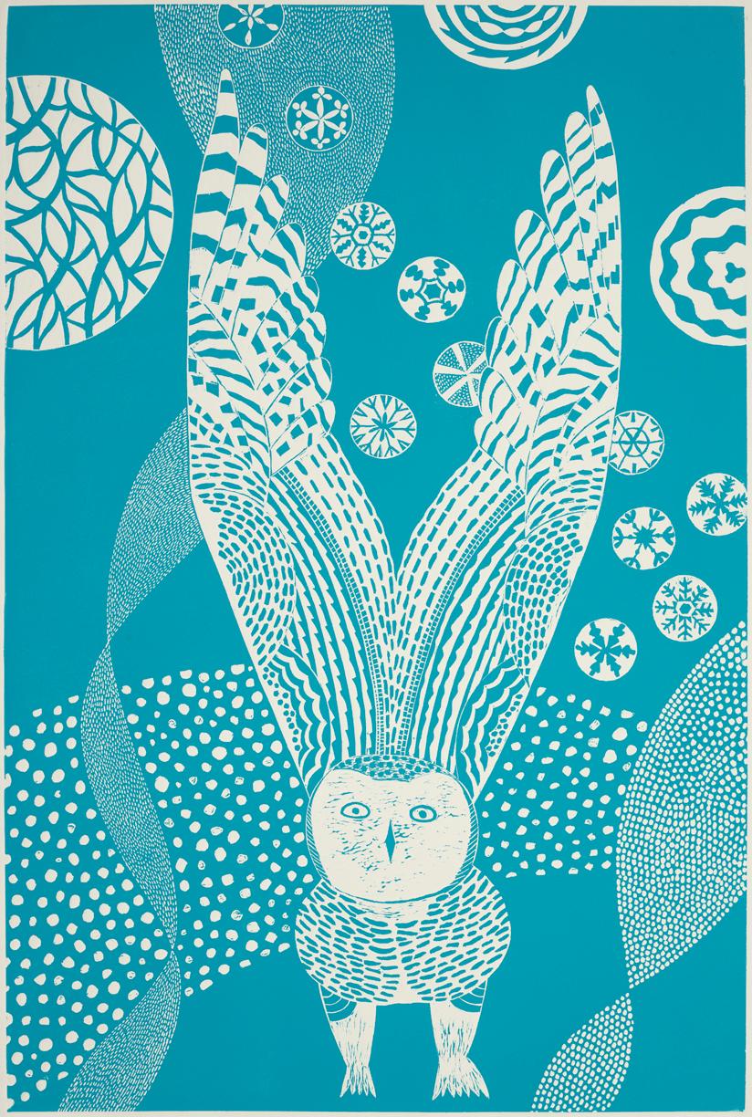 "Stopping and Staring"   Folk inspired Teal and White  Linoleum Bird Print