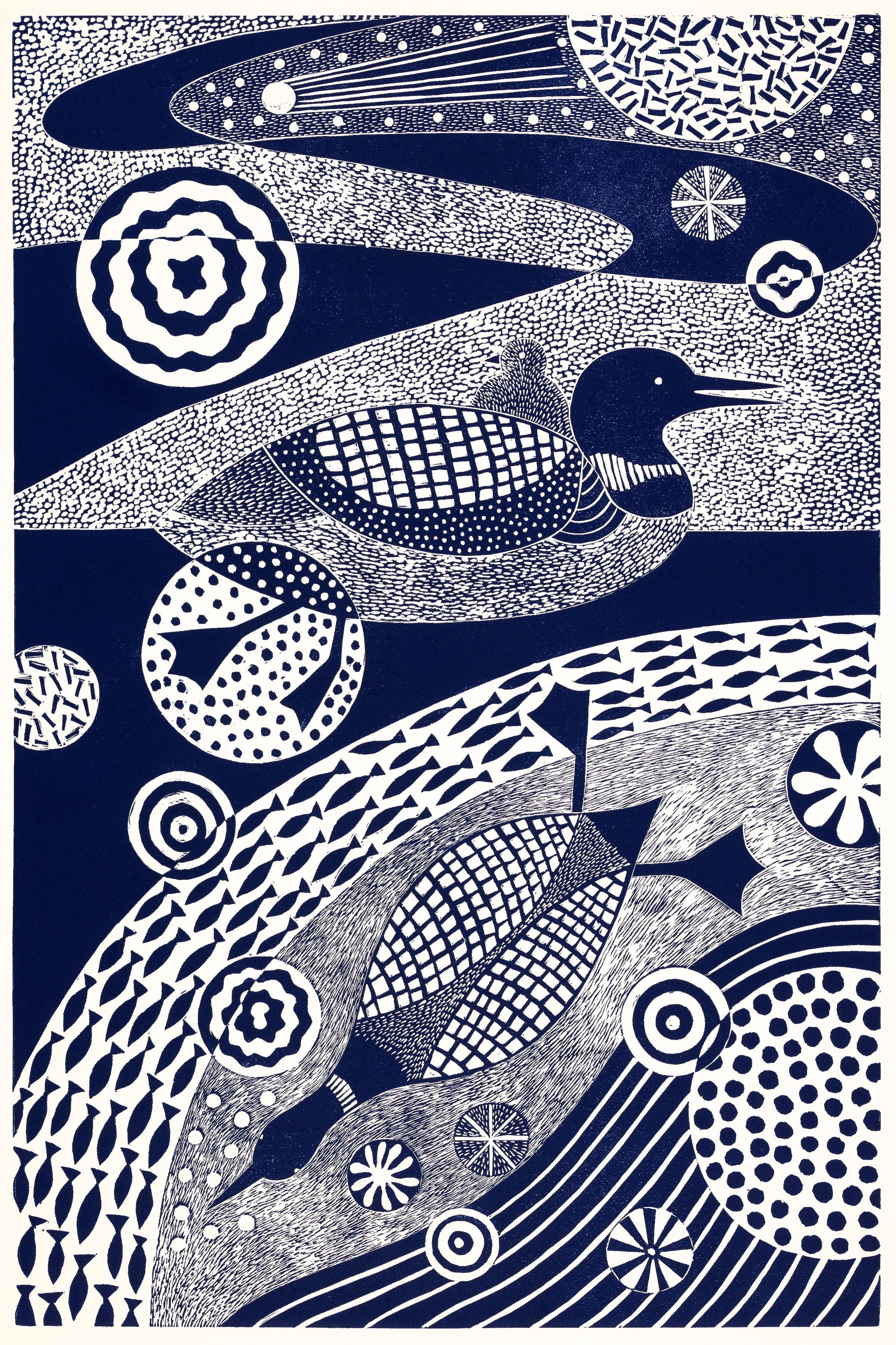 'Wading and Wondering,'  Linoleum Block Print, Edition 10,  35 1/4 x 23 1/4 Inches, is one of a series of 8 related prints in this size in varying shades of blue.   Sold individually or as sets of 2, 3, 4, 5, 6, 7 or 8. 

There is also a separate