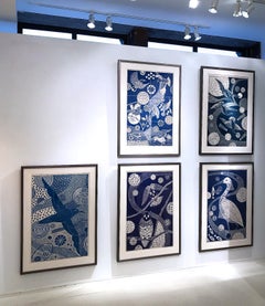 "Watching and Waiting, " Folk inspired Blue Linoleum Block Print of Owls