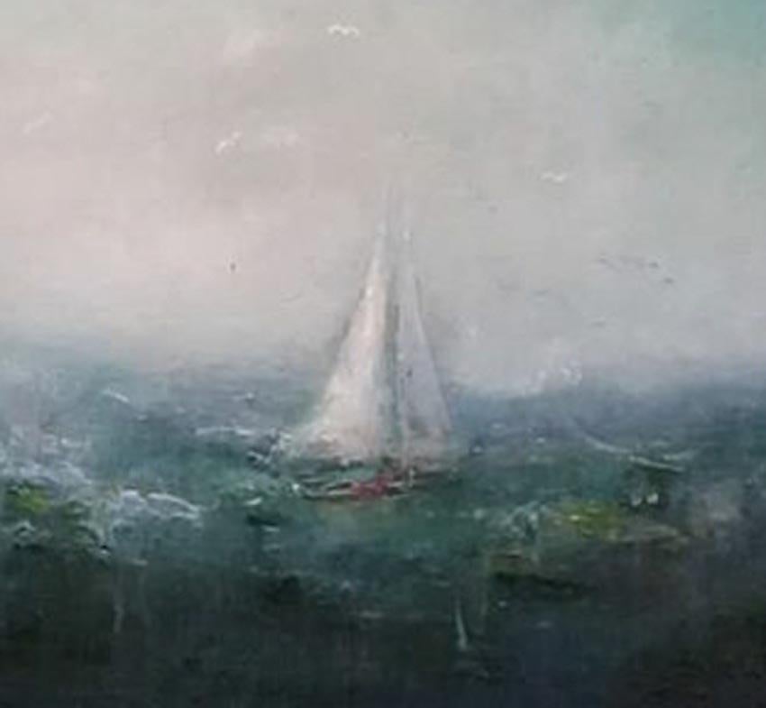 Lisa House, voile d'émeraude, peinture de paysage marin contemporain, art des bateaux, art texturé en vente 3