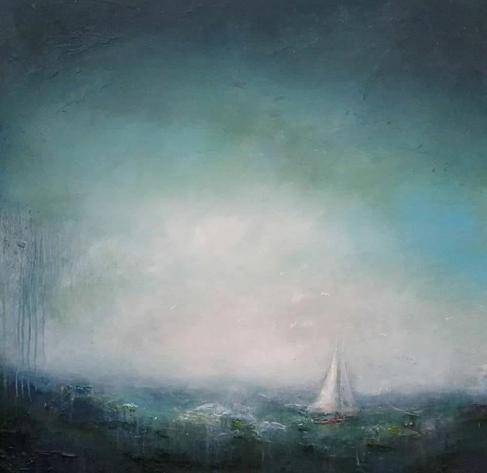 Lisa House, Emerald Sail, Contemporary Seascape Painting, Boat Art, Textured Art