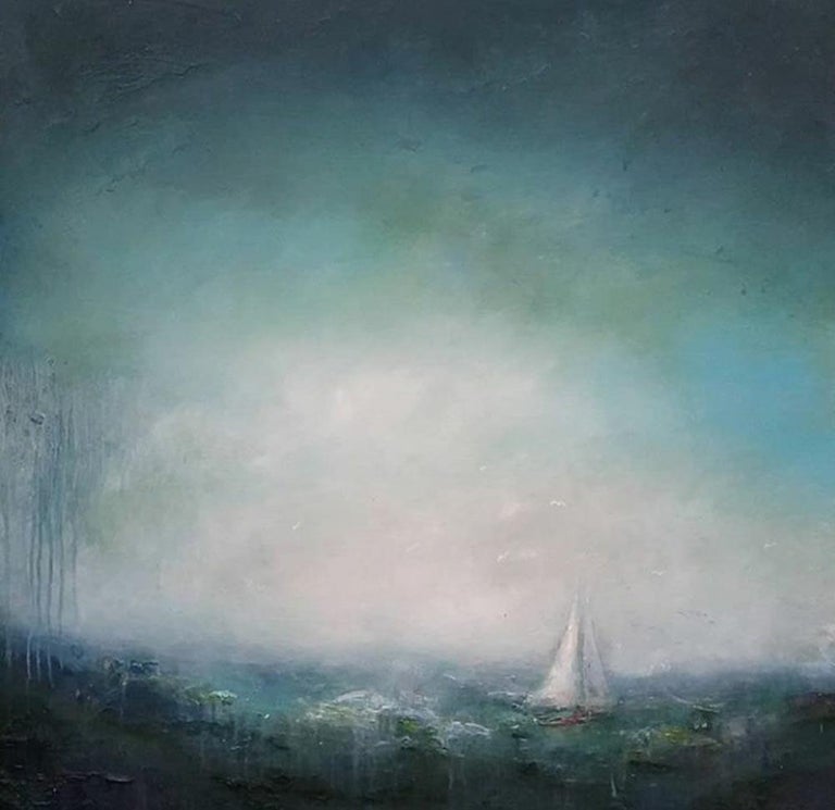 Lisa House
Emerald Sail, seascape painting. 
Original 
Oils/mixed media on board 
Size: H 75cm x W 75 cm x D 5 cm 
Signed in the bottom left hand corner of the canvas.
Sold unframed
(Please note that in situ images are purely an indication of how a
