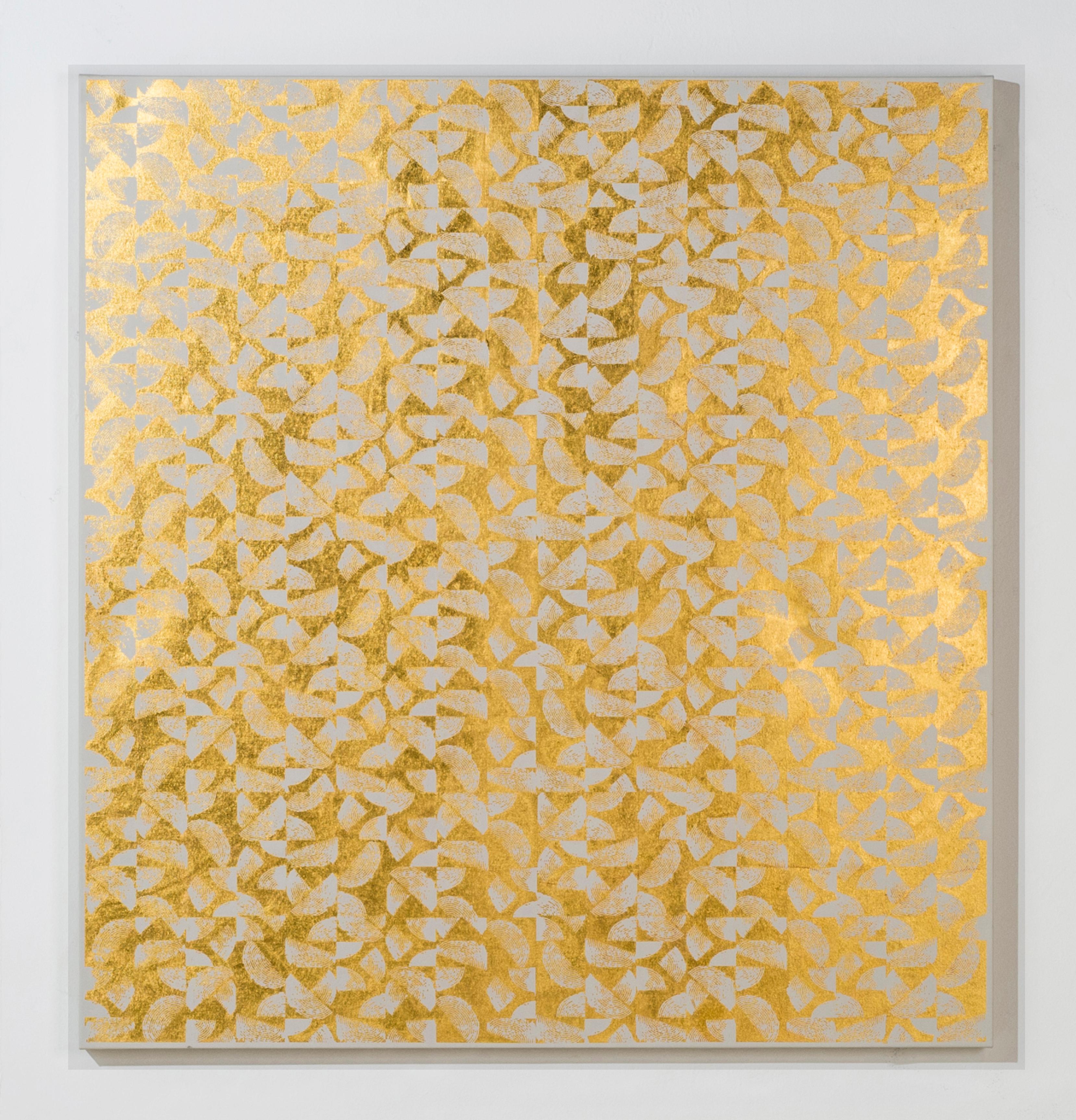 ABSTRACT COILS CANVAS I (BONE) design gold white metallic work on canvas pattern - Print by Lisa Hunt