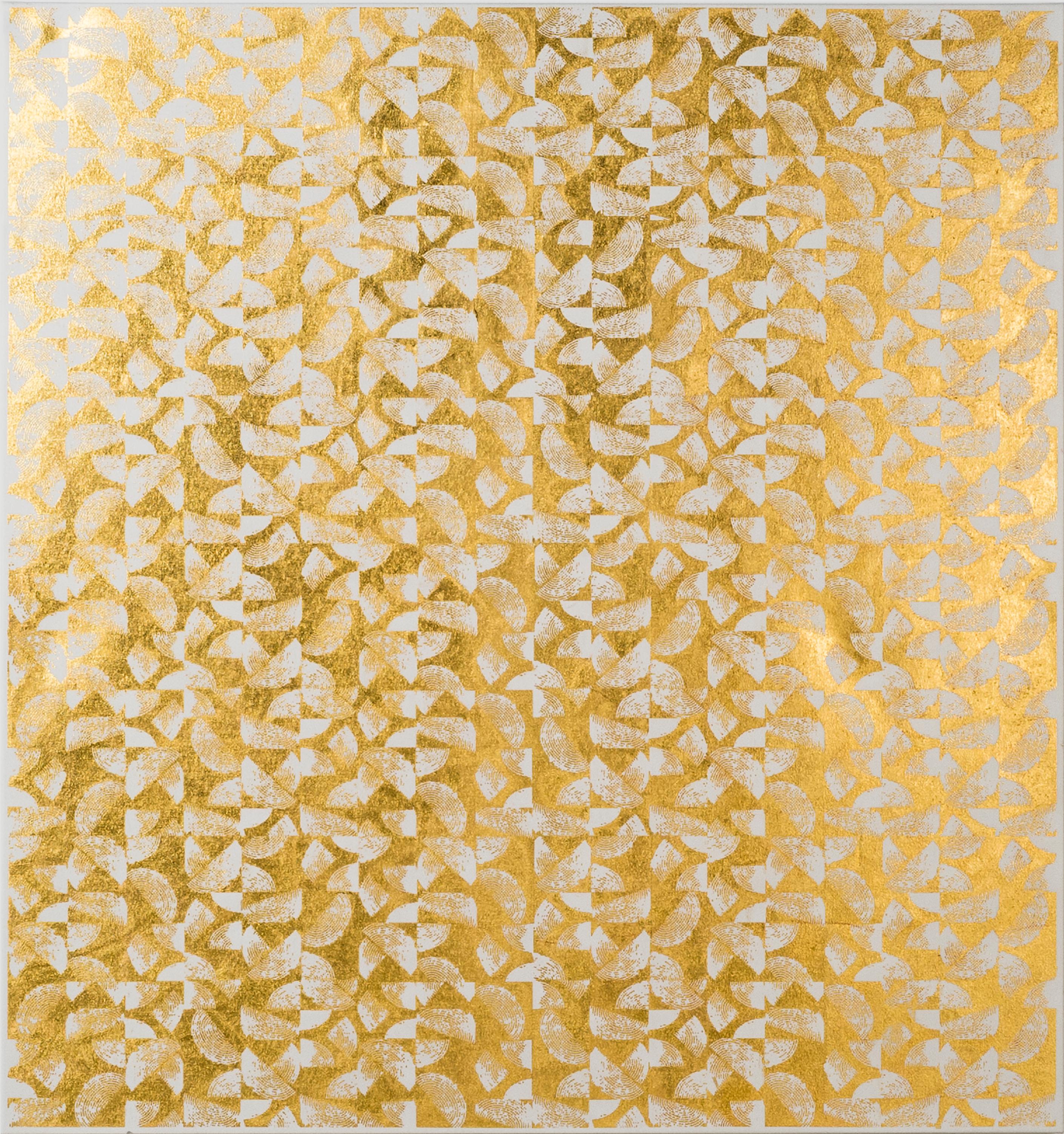 Lisa Hunt Abstract Print - ABSTRACT COILS CANVAS I (BONE) design gold white metallic work on canvas pattern