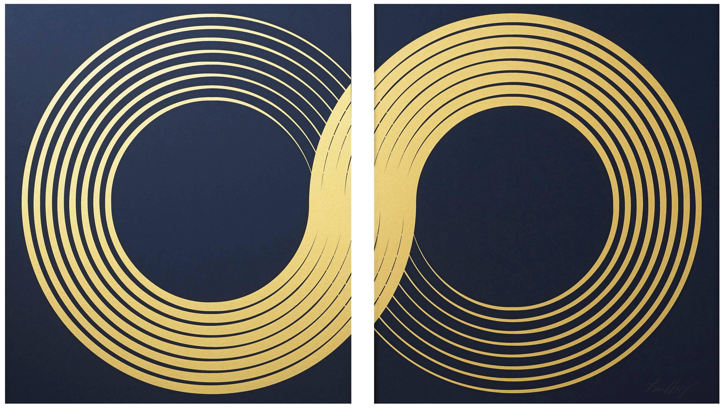 Lisa Hunt Abstract Print - Infinity Diptych (design gold black metallic work on paper gold lines Art Deco)