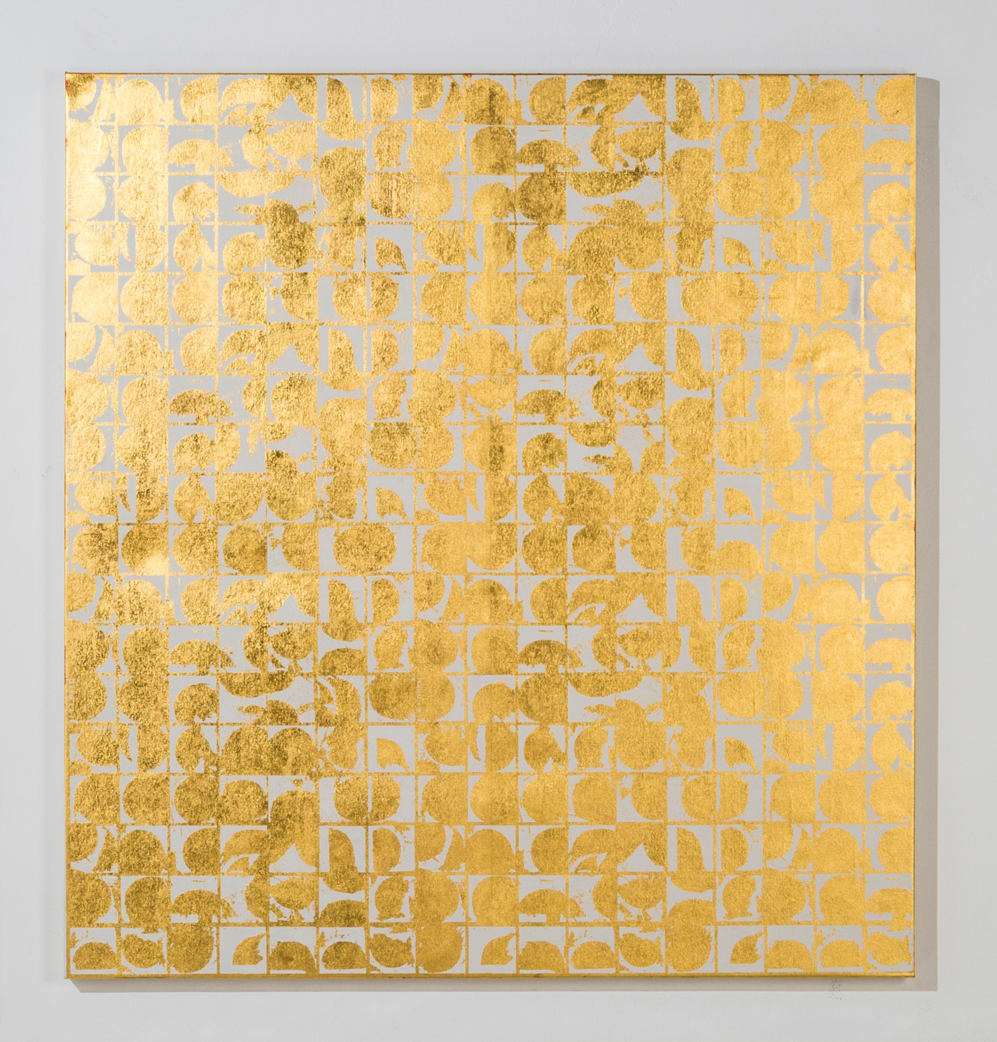 ROUNDS NEGATIVE CANVAS I (BONE) (design gold white metallic work on canvas) - Abstract Geometric Mixed Media Art by Lisa Hunt