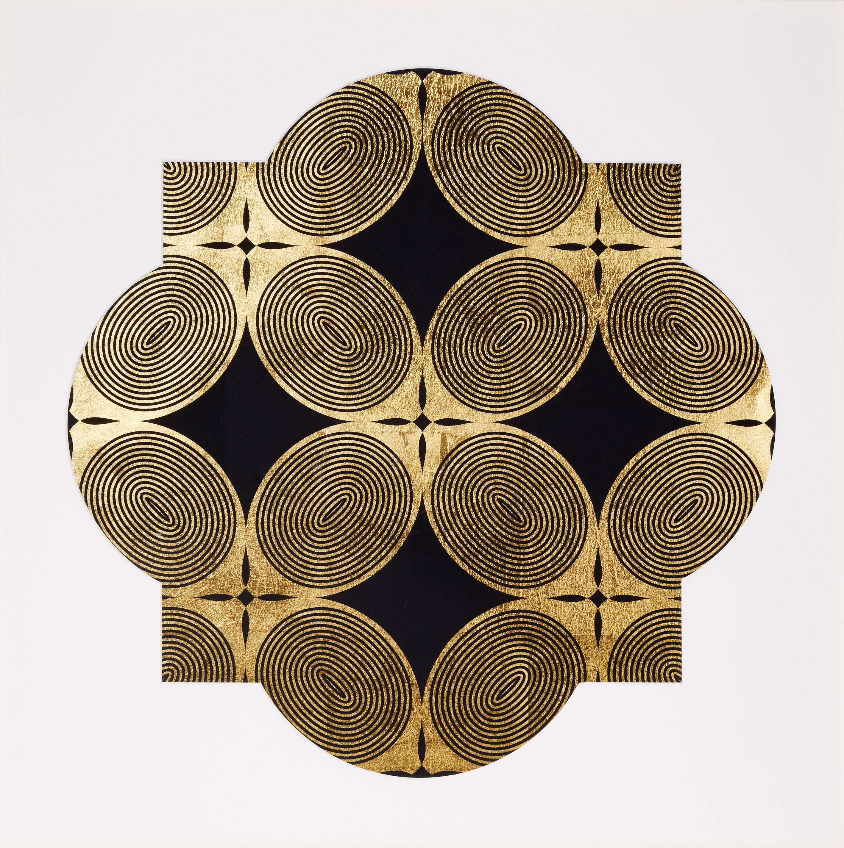 Lisa Hunt Abstract Print - Royal Palm Window II (design gold black metallic screenprint Art Deco arabesque)