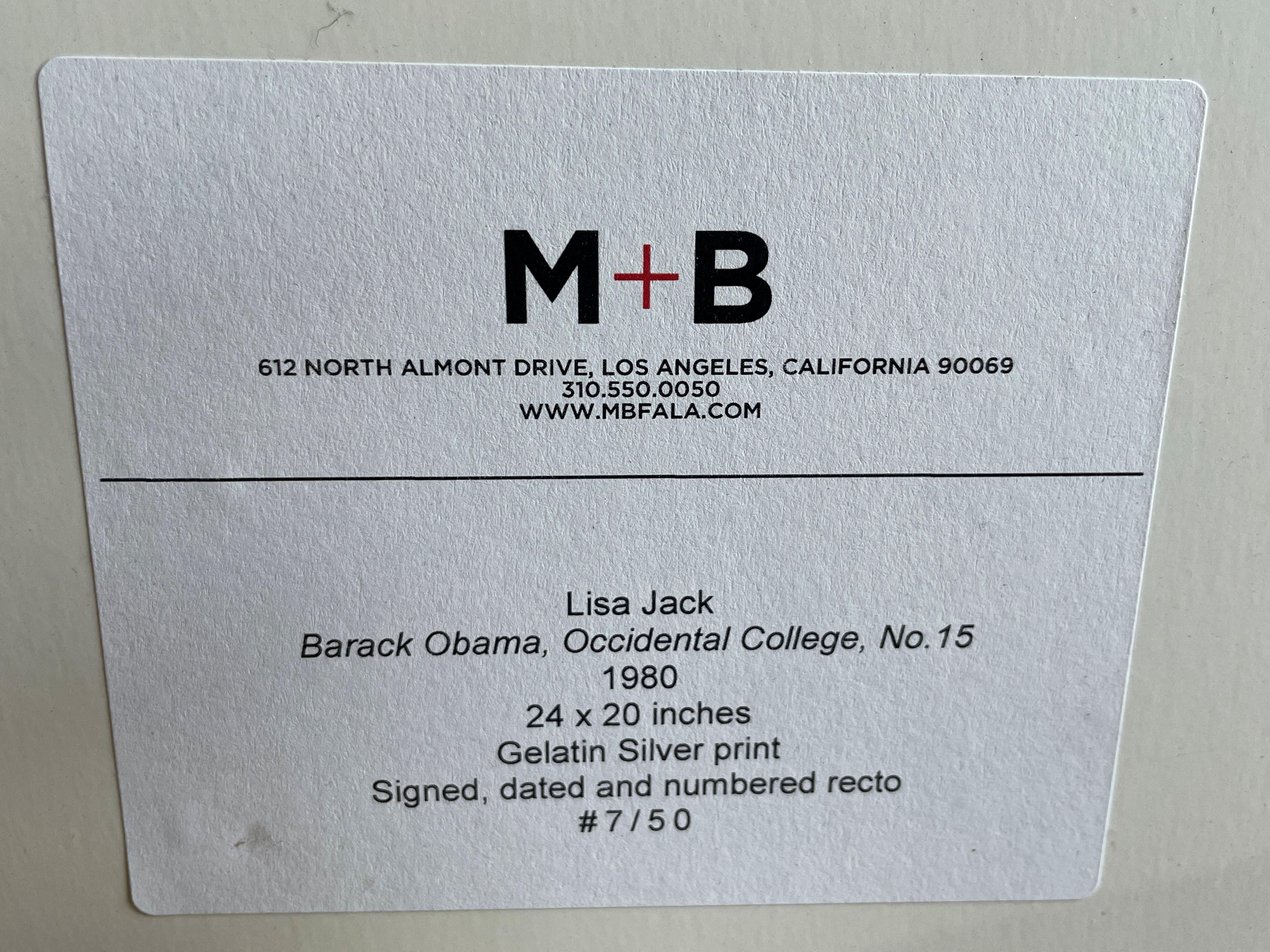 Lisa Jack
Barack Obama, Occidental College, No. 15, 1980
Signed, dated, and numbered on the reverse
Gelatin silver print
Sight 21 1/2 x 14 1/2 inches
Edition 7/50

Provenance:
M&B, Los Angeles

In 1980, when Obama was a freshman at Occidental