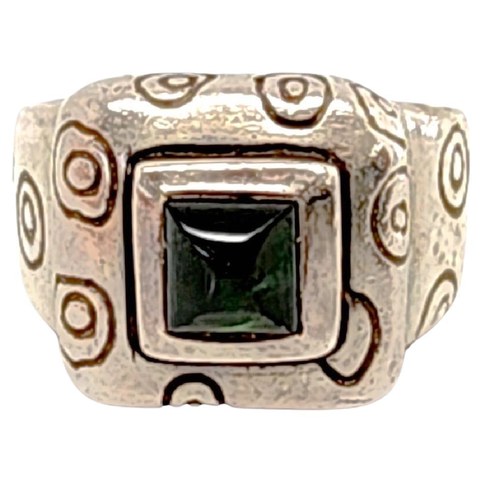 Lisa Jenks Sterling Silver Green Stone Square Ring, Size 5 #14178 For Sale