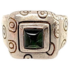 Vintage Lisa Jenks Sterling Silver Green Stone Square Ring, Size 5 #14178