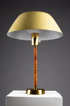 Lisa Johansson-Pape, 1950s brass and leather table lamp Ihanne, Orno Finland