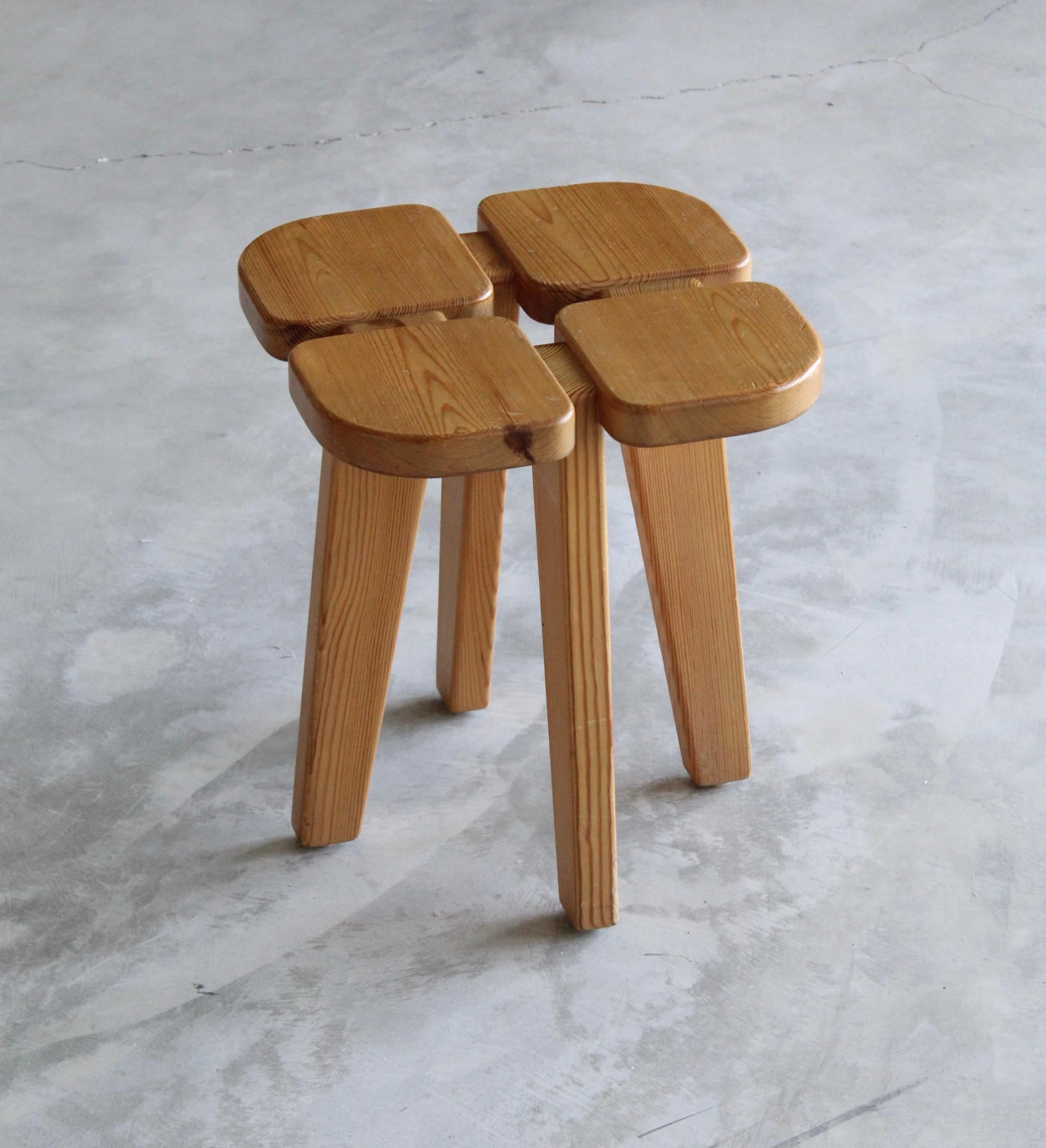 A stool, design attributed to Finnish Lisa Johansson-Pape, produced by Kervo Snickerifabrik for Oy Stockmann Ab, 1970s. In stained pine.

Other designers working in similar functionalist ethos include Pierre Jeanneret, Pierre Chapo, Axel Einar