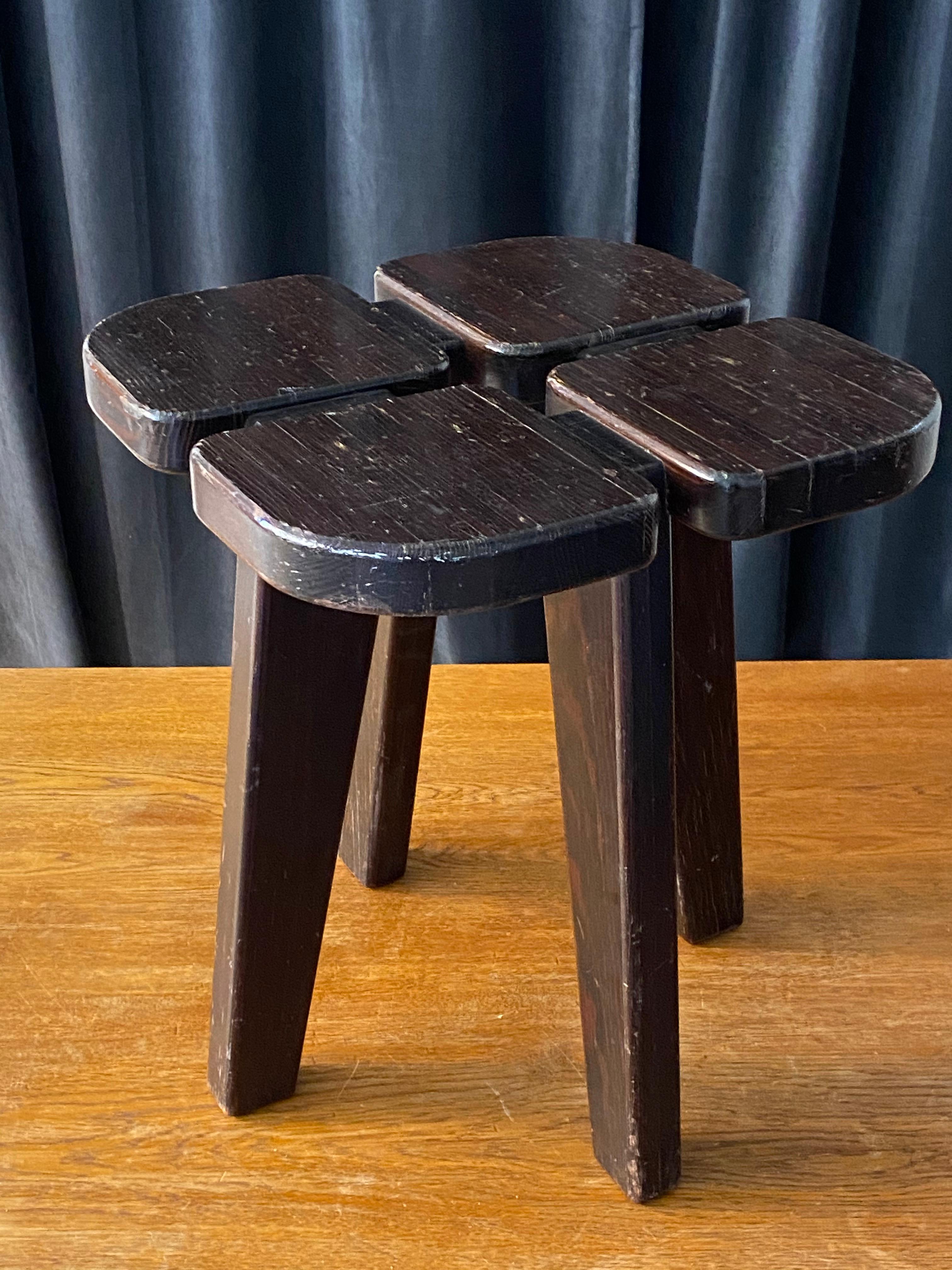 A highly functionalist stool, designed by Finnish Lisa Johansson-Pape, produced by Kervo Snickerifabrik for Oy Stockmann Ab, 1970s. Labeled. In original dark stained pine.

Other designers working in similar functionalist ethos include Pierre