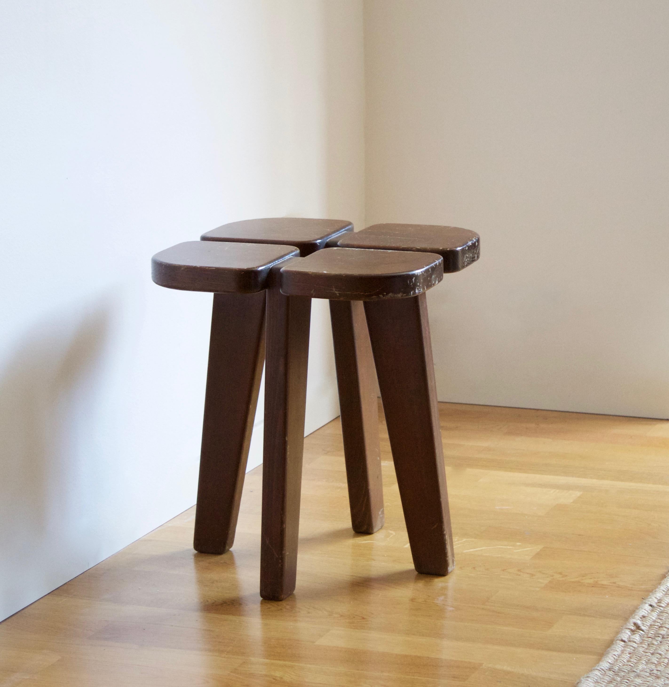 A stool, design attributed to Finnish Lisa Johansson-Pape, produced by Kervo Snickerifabrik for Oy Stockmann Ab, 1970s. In dark-stained pine.

Other designers working in similar functionalist ethos include Pierre Jeanneret, Pierre Chapo, Axel