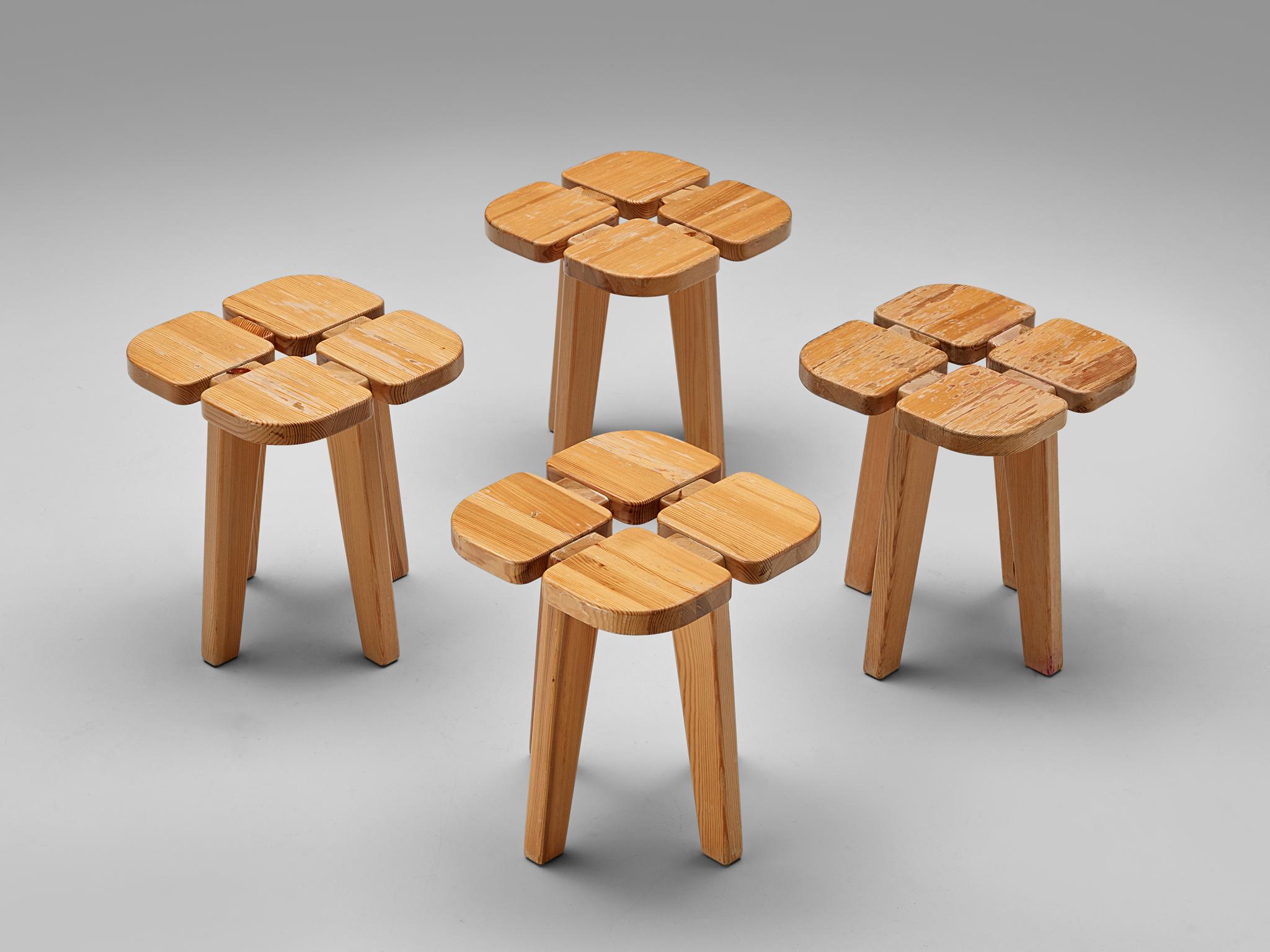 Lisa Johansson-Pape for Stockman Orno, 'Apila' stools, pine, Finland, 1960s. 

Stools in solid pine. The design is simplistic: A clover top with four sloping legs. The construction of the stools is nicely visible on the top. Very elegant and
