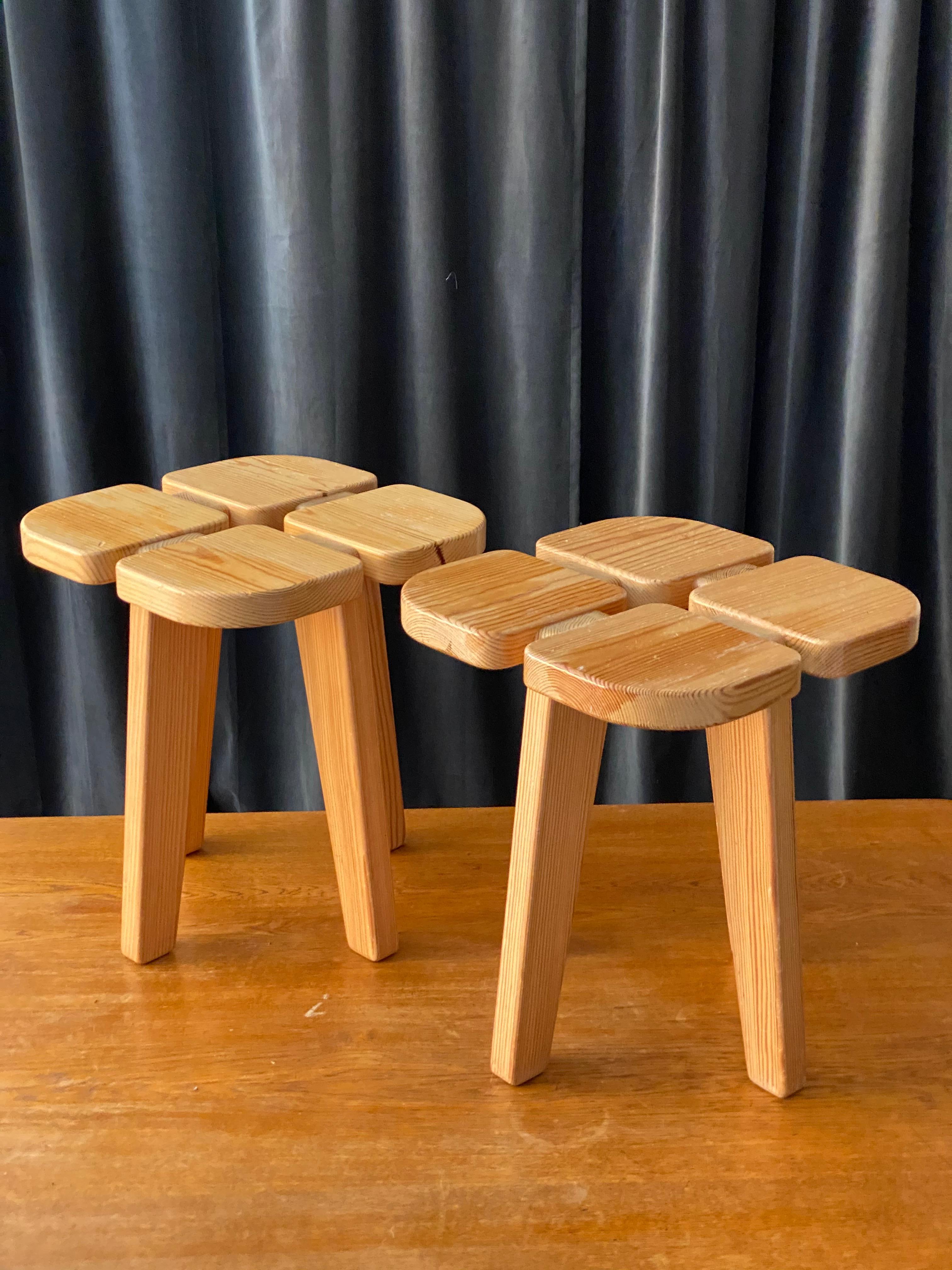 A pair of highly functionalist stools, designed by finnish Lisa Johansson-Pape, produced by Kervo Snickerifabrik for Oy Stockmann Ab, 1970s. 

Other designers working in similar functionalist ethos include Pierre Jeanneret, Pierre Chapo, Axel