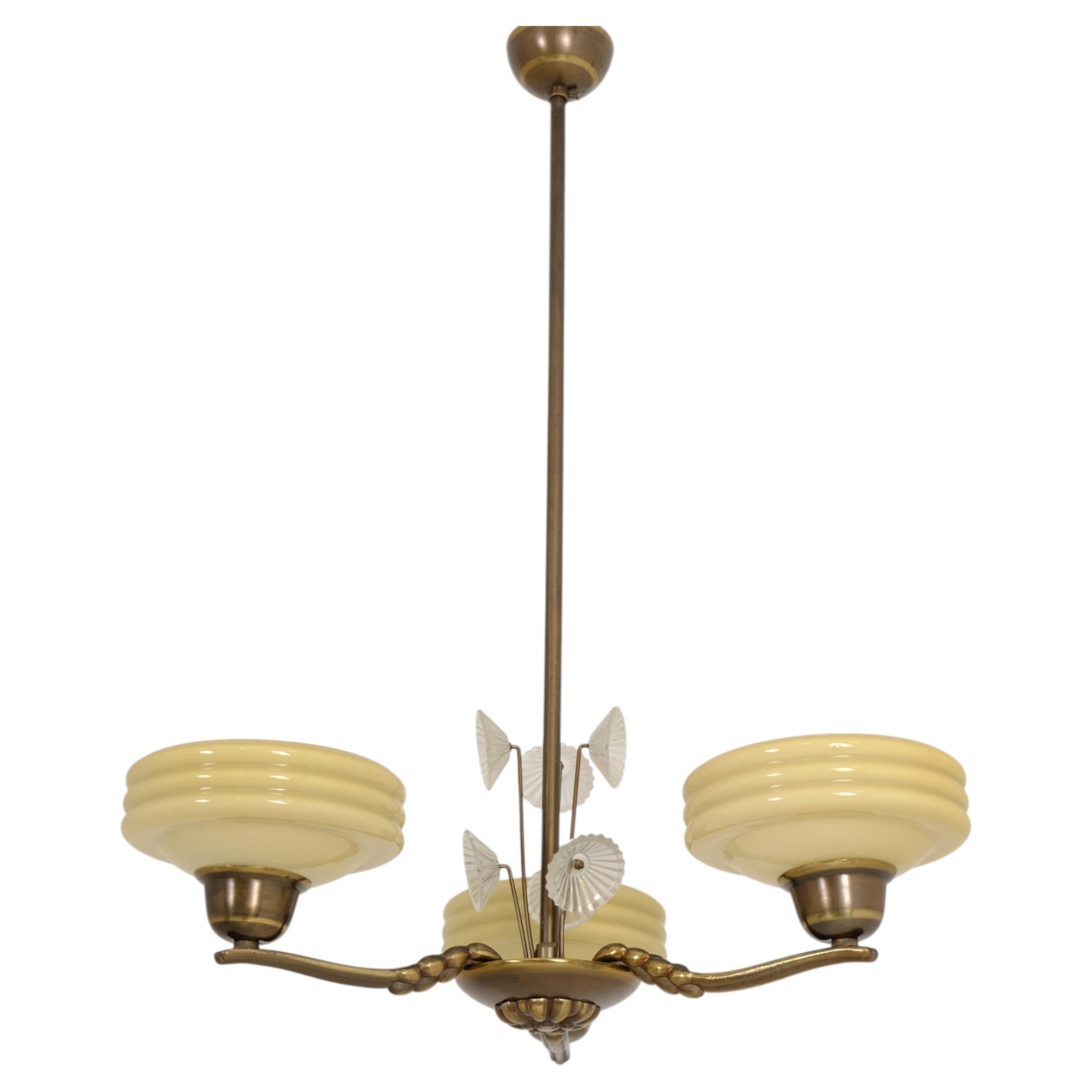 Lisa-Johansson Pape Brass, Glass, and Flowers Chandelier, Orno