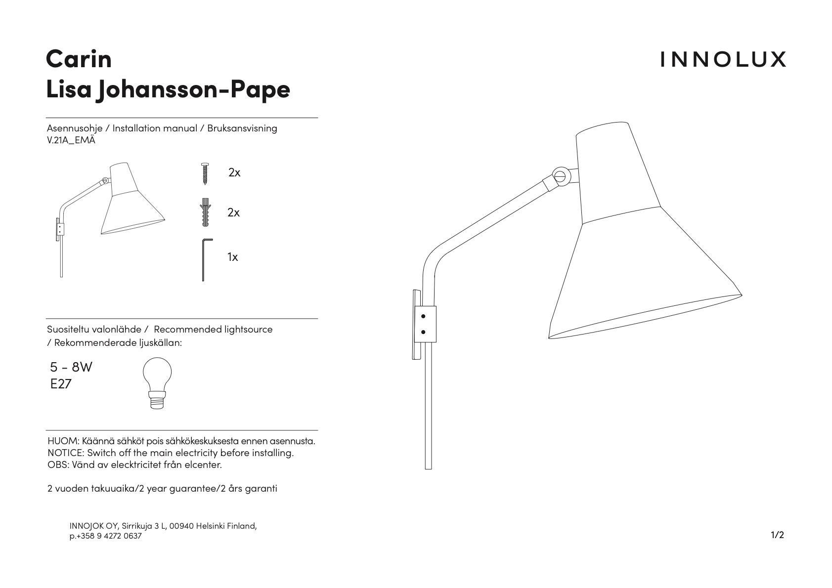 Lisa Johansson-Pape 'Carin' Wall Lamp in Brass for Innolux 1