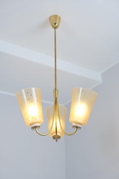 Delicate Lisa-Johansson Pape Chandelier, Brass & Hand Painted Glass, Orno 1950s