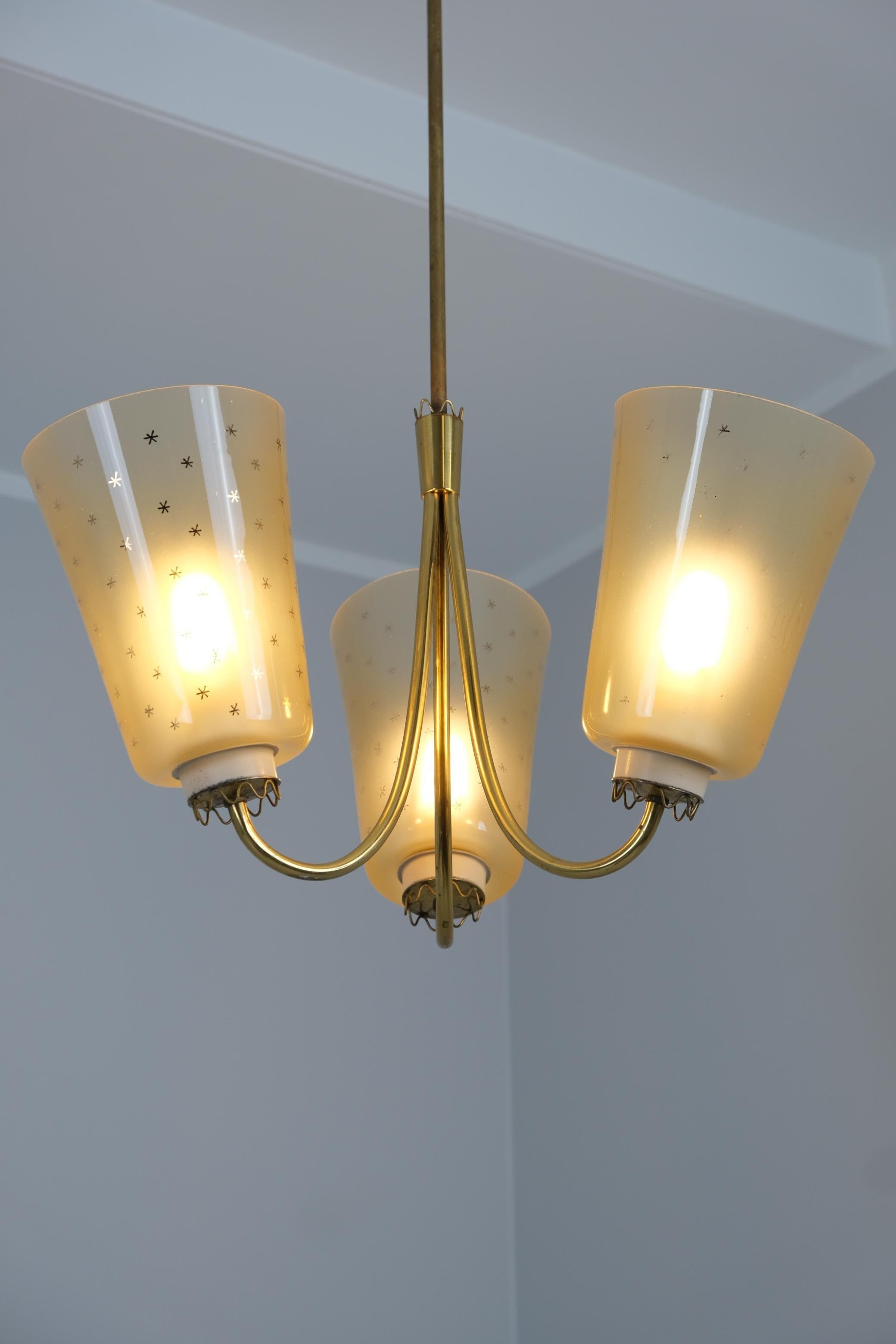 Mid-Century Modern Lisa-Johansson Pape Ceiling Lamp 211-3 in Brass & Hand Painted Glass, Orno 1950s For Sale