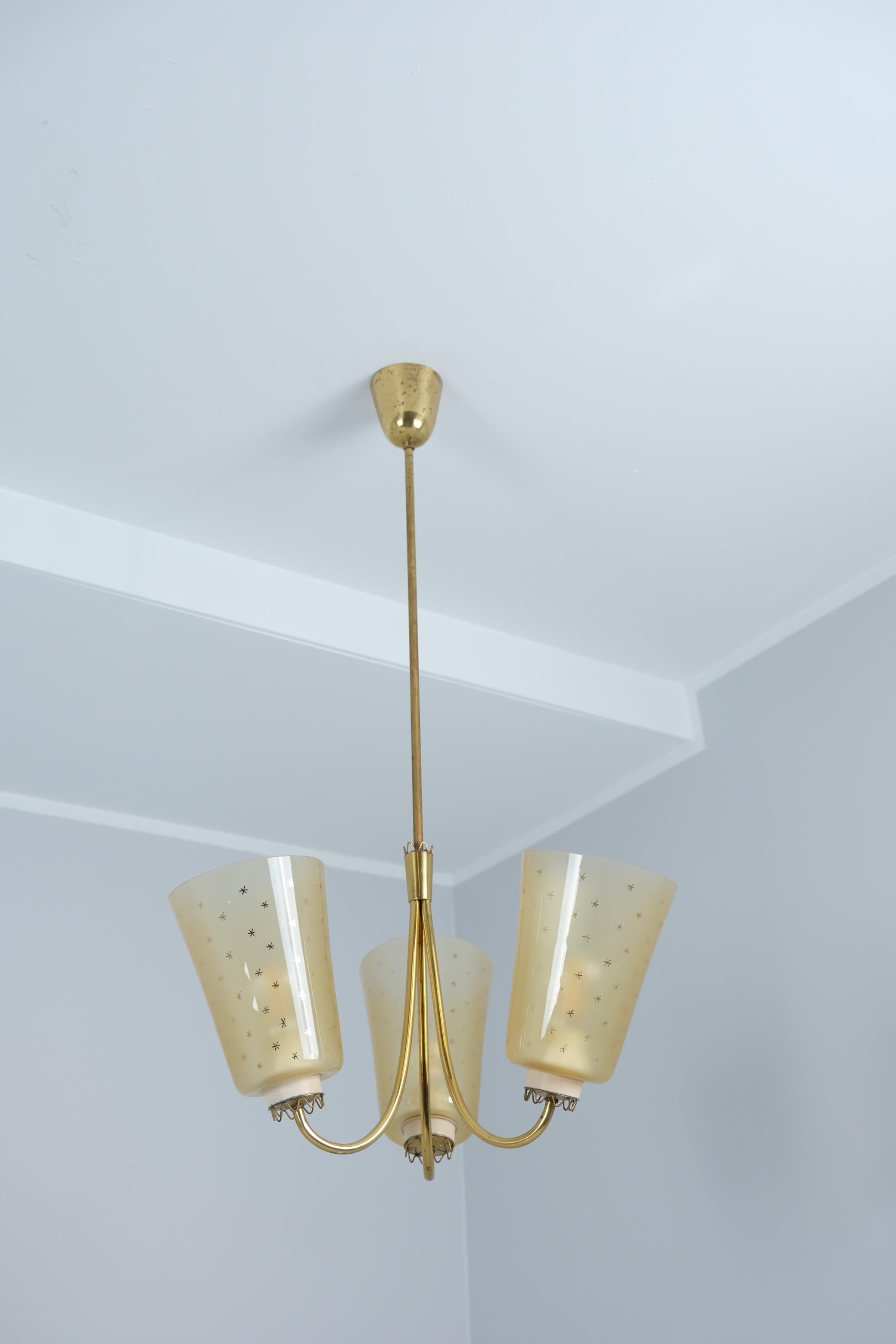 Metal Lisa-Johansson Pape Ceiling Lamp 211-3 in Brass & Hand Painted Glass, Orno 1950s For Sale