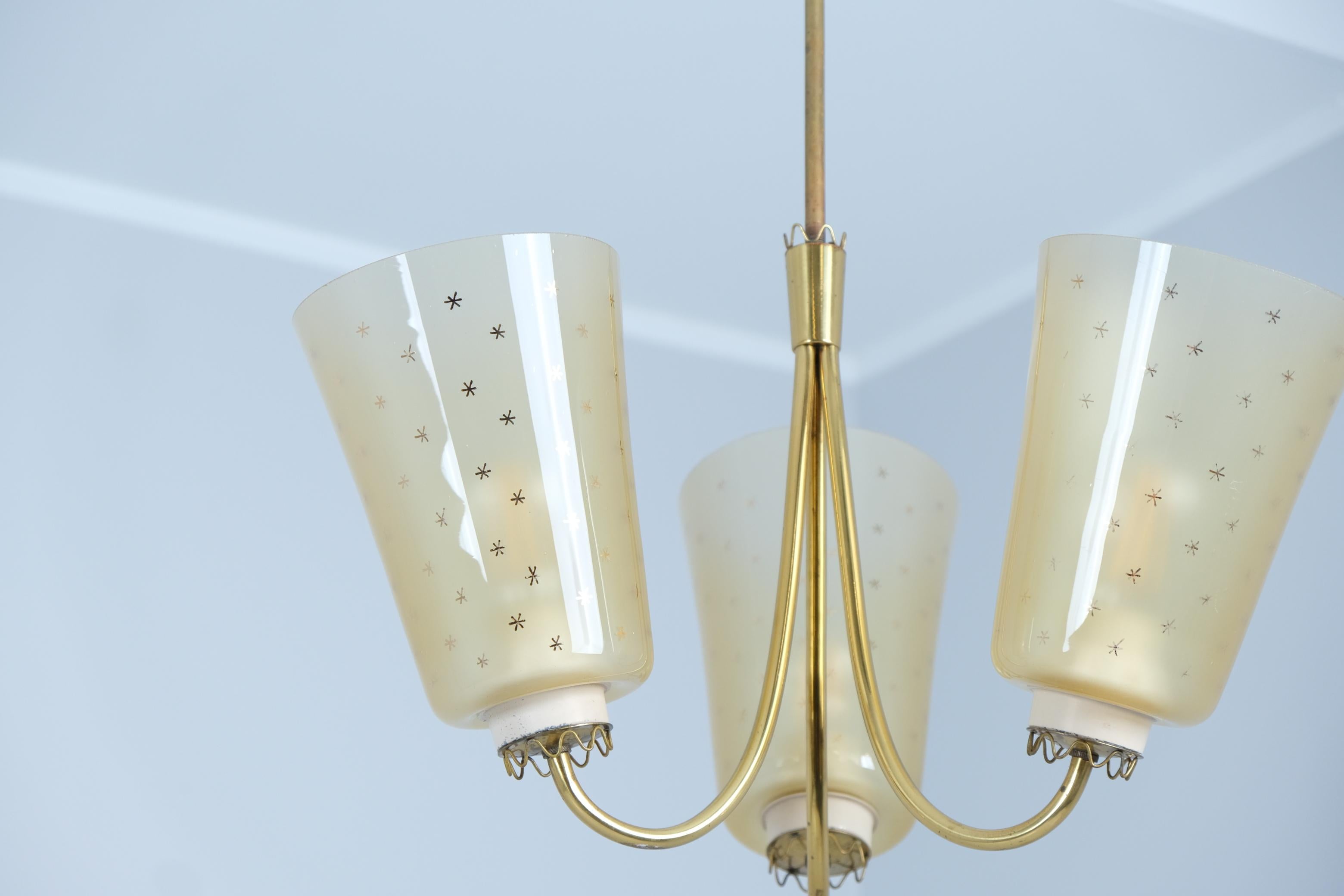 Lisa-Johansson Pape Ceiling Lamp 211-3 in Brass & Hand Painted Glass, Orno 1950s For Sale 1