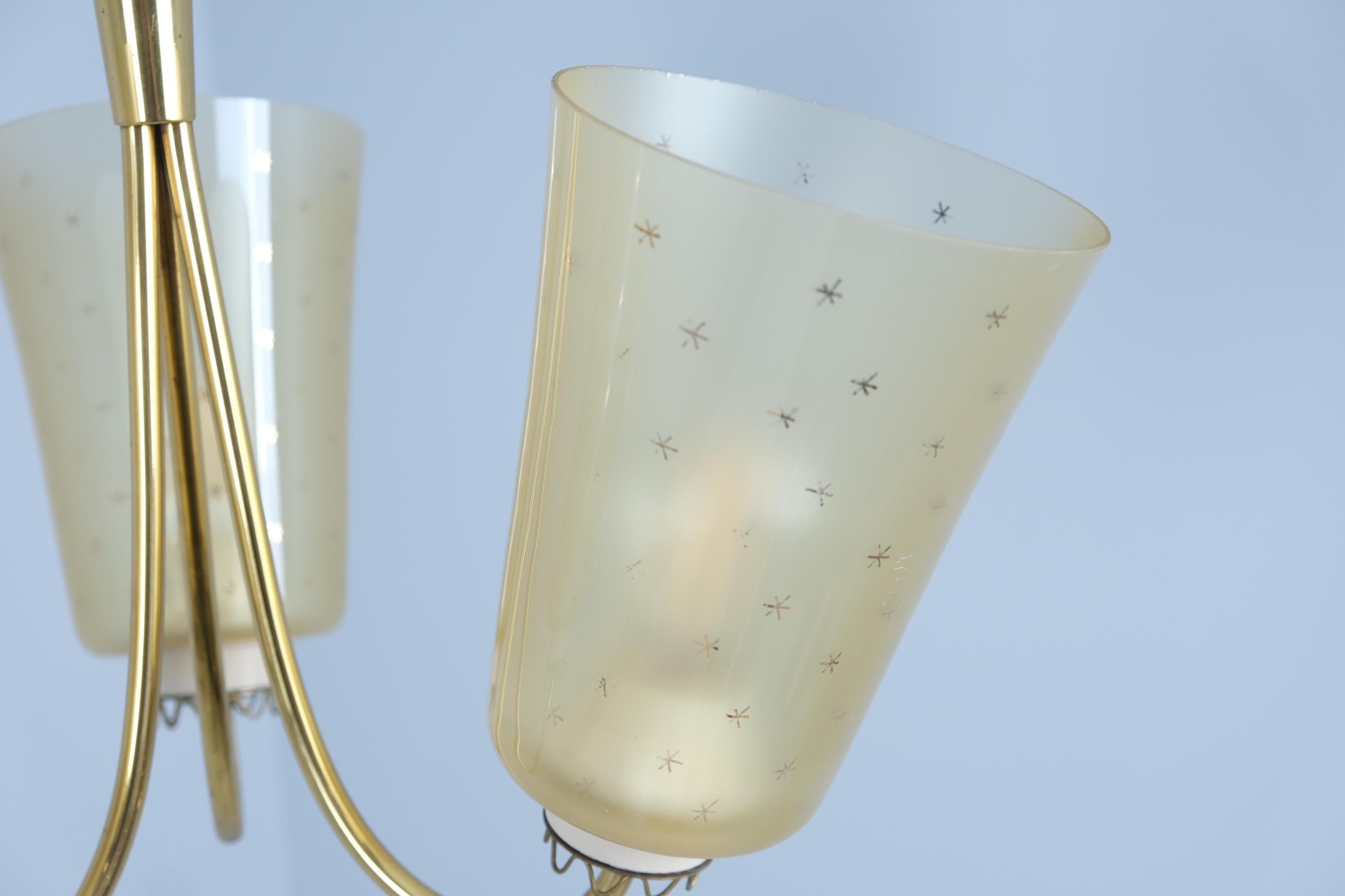 Lisa-Johansson Pape Ceiling Lamp 211-3 in Brass & Hand Painted Glass, Orno 1950s For Sale 2