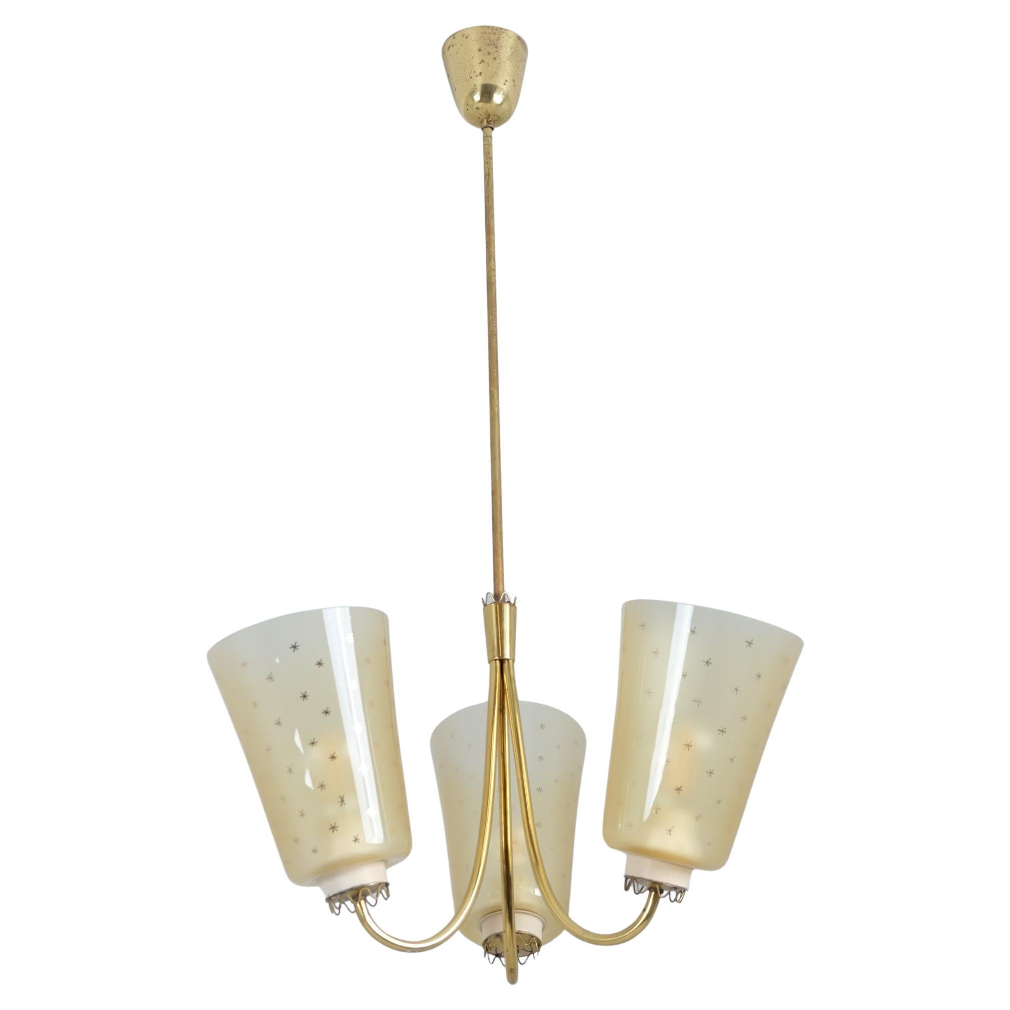 Lisa-Johansson Pape Ceiling Lamp 211-3 in Brass & Hand Painted Glass, Orno 1950s For Sale