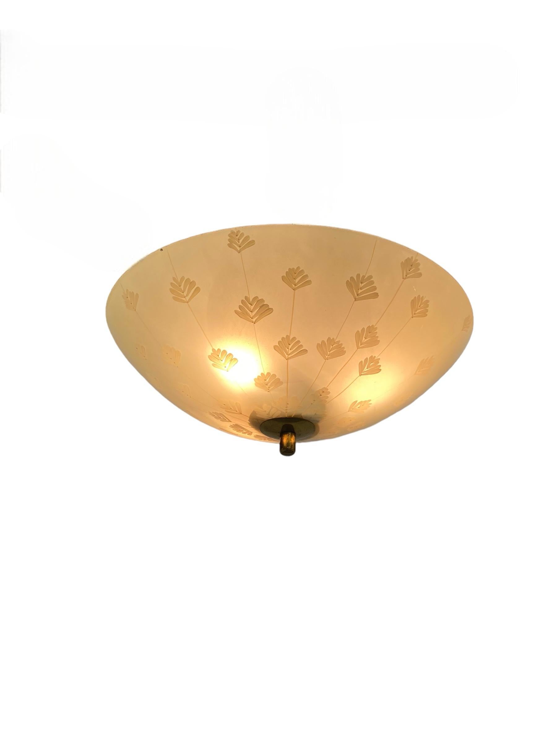 Finnish Lisa Johansson-Papé Flush Mount, Hand-Painted Glass with Flowers, Orno 1950s For Sale