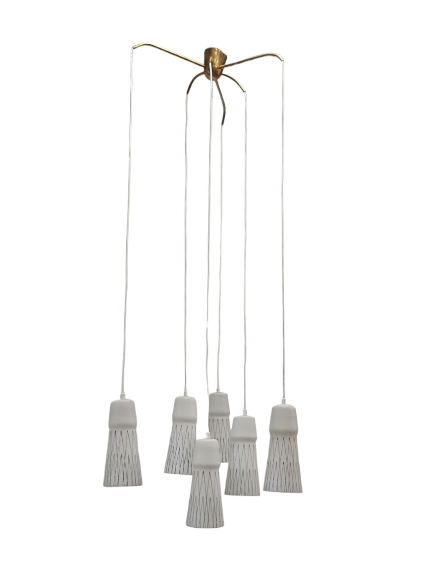 Scandinavian Modern Lisa Johansson-Papé Ceiling Pendant 66-017 Hand Painted Glass, Brass, Orno 1950s For Sale