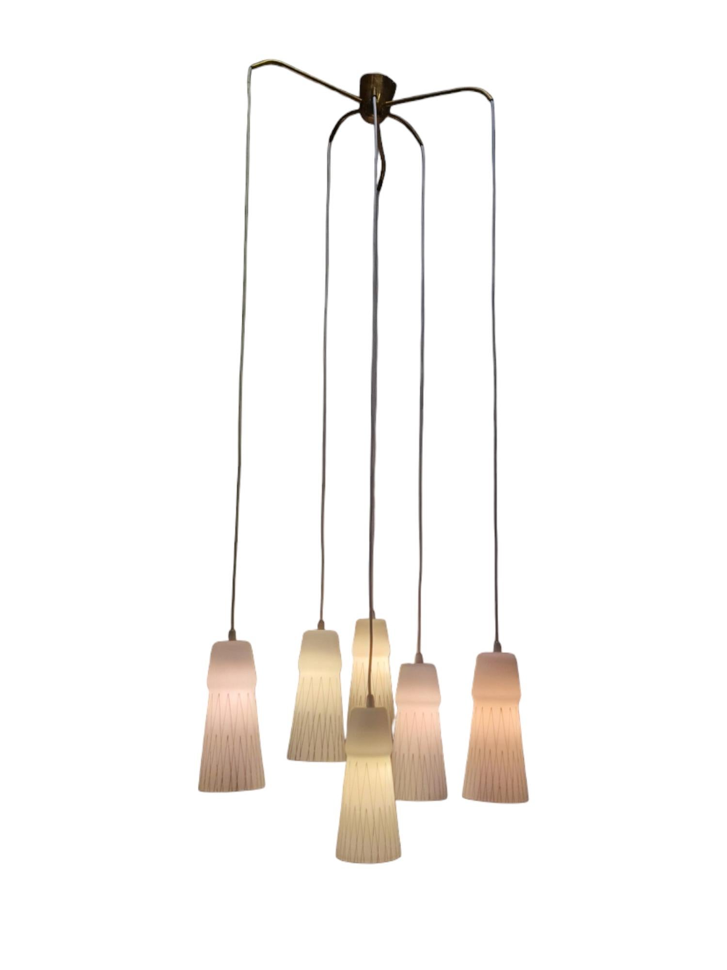 Finnish Lisa Johansson-Papé Ceiling Pendant 66-017 Hand Painted Glass, Brass, Orno 1950s For Sale