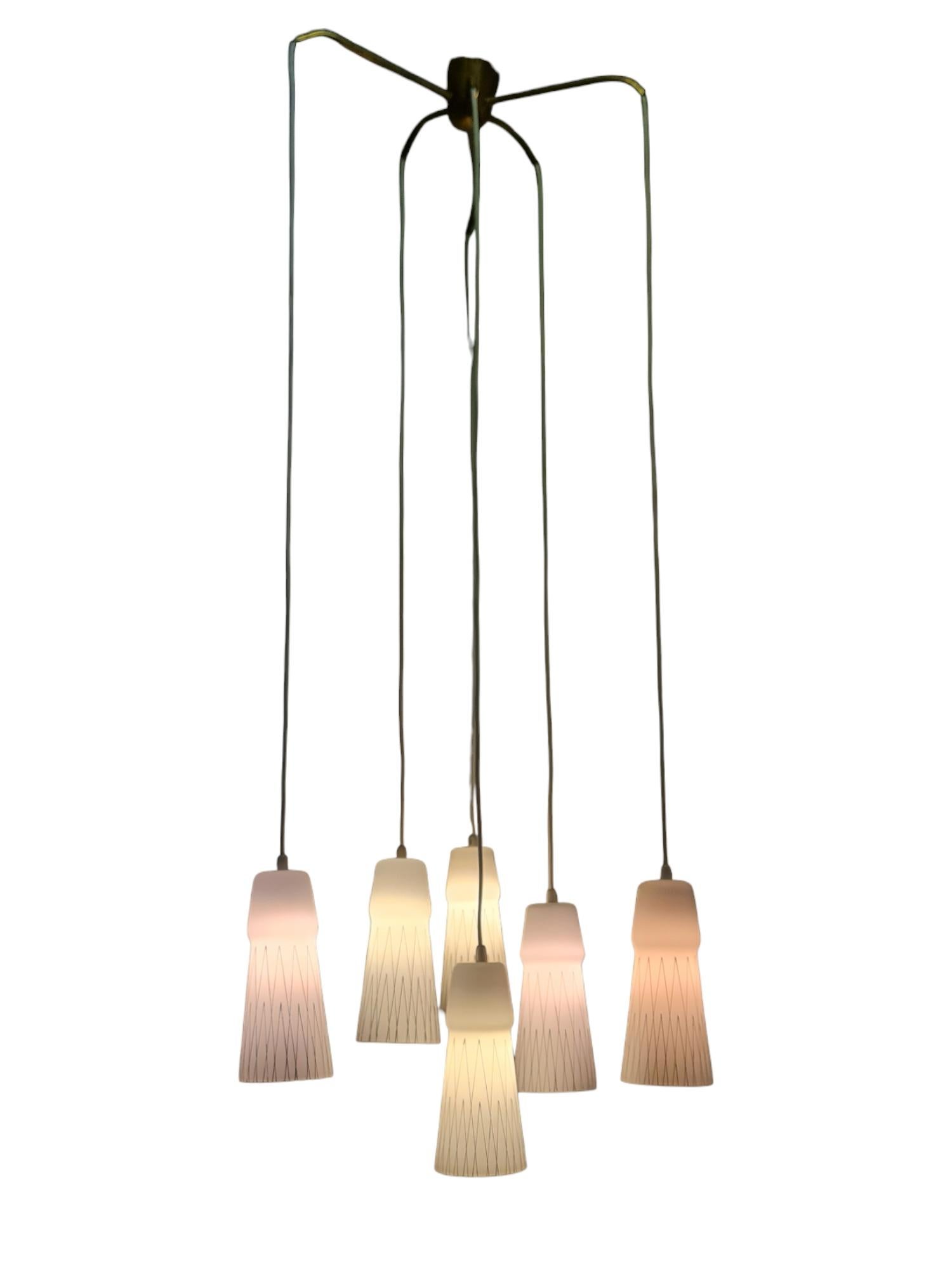 Mid-20th Century Lisa Johansson-Papé Ceiling Pendant 66-017 Hand Painted Glass, Brass, Orno 1950s For Sale