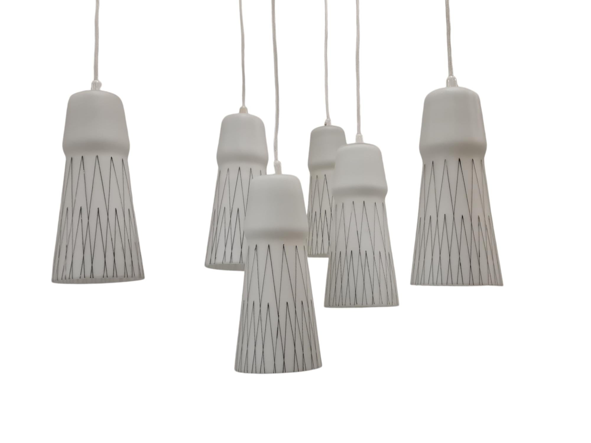 Metal Lisa Johansson-Papé Ceiling Pendant 66-017 Hand Painted Glass, Brass, Orno 1950s For Sale