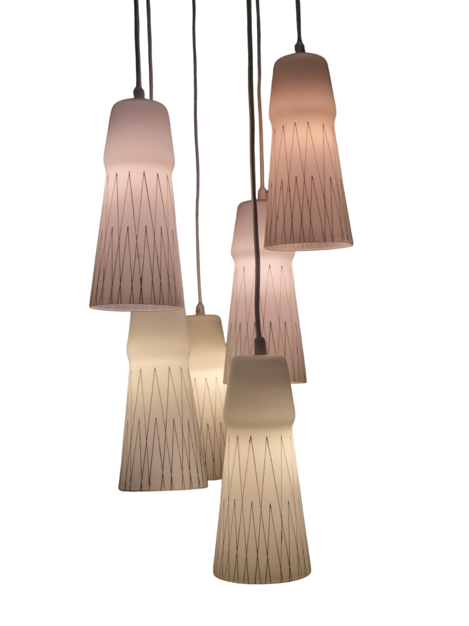 Lisa Johansson-Papé Ceiling Pendant 66-017 Hand Painted Glass, Brass, Orno 1950s For Sale 1