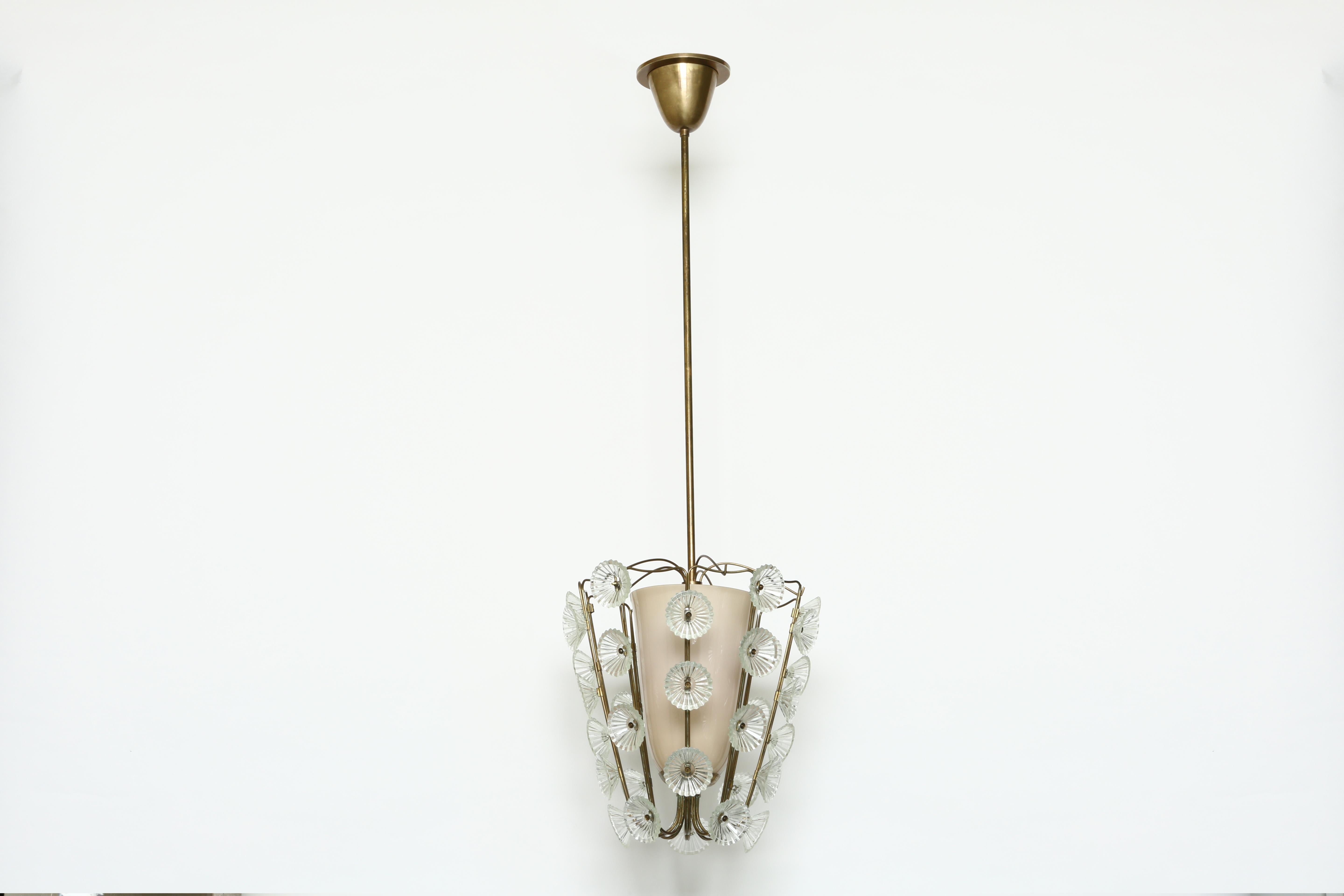 Lisa Johansson-Pape ceiling pendant for Orno.
Finland 1940s.
Glass, patinated brass.