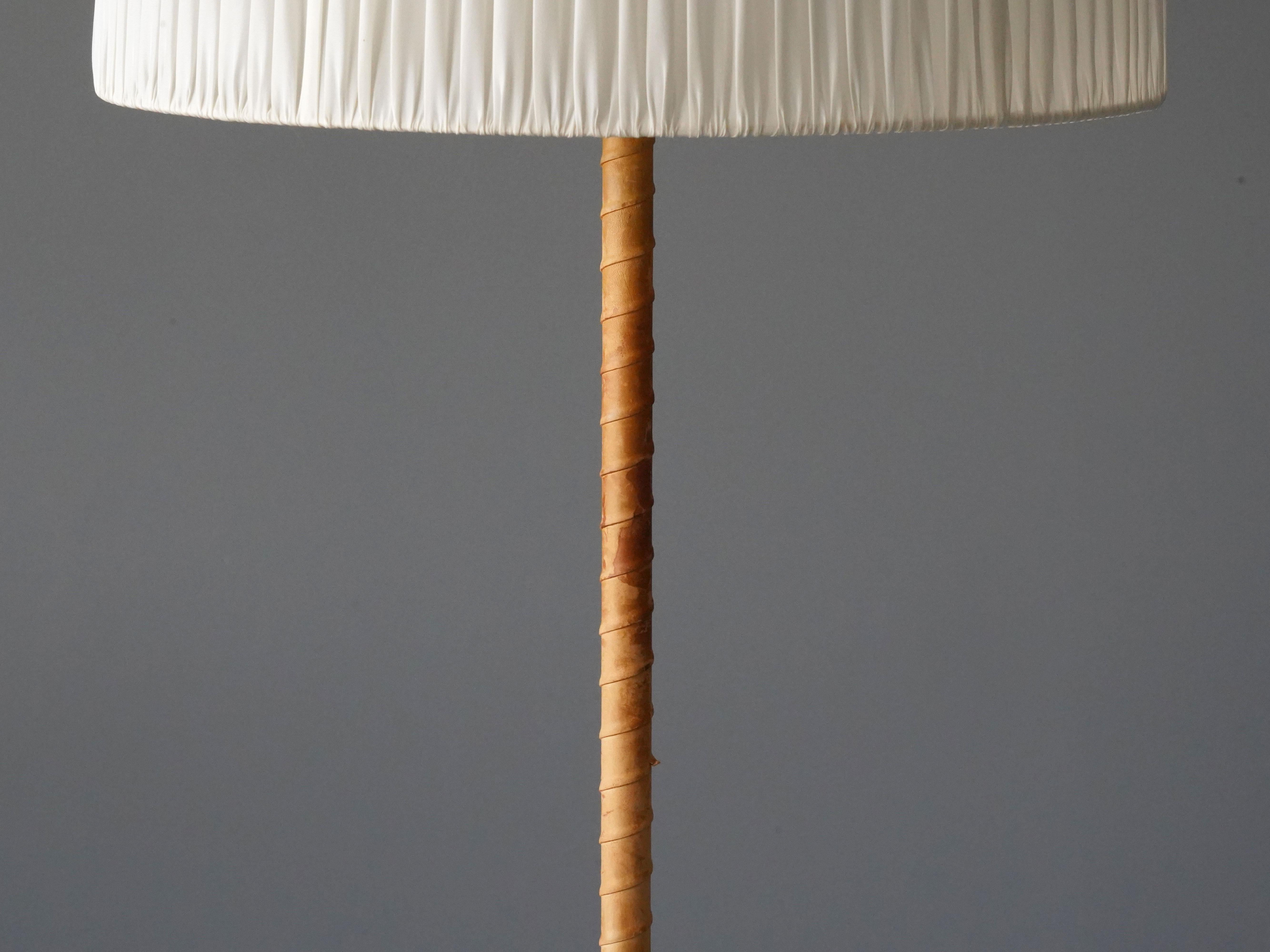 Finnish Lisa Johansson-Pape, Floor Lamp, Brown Leather Brass Fabric, Ornö Finland, 1960s