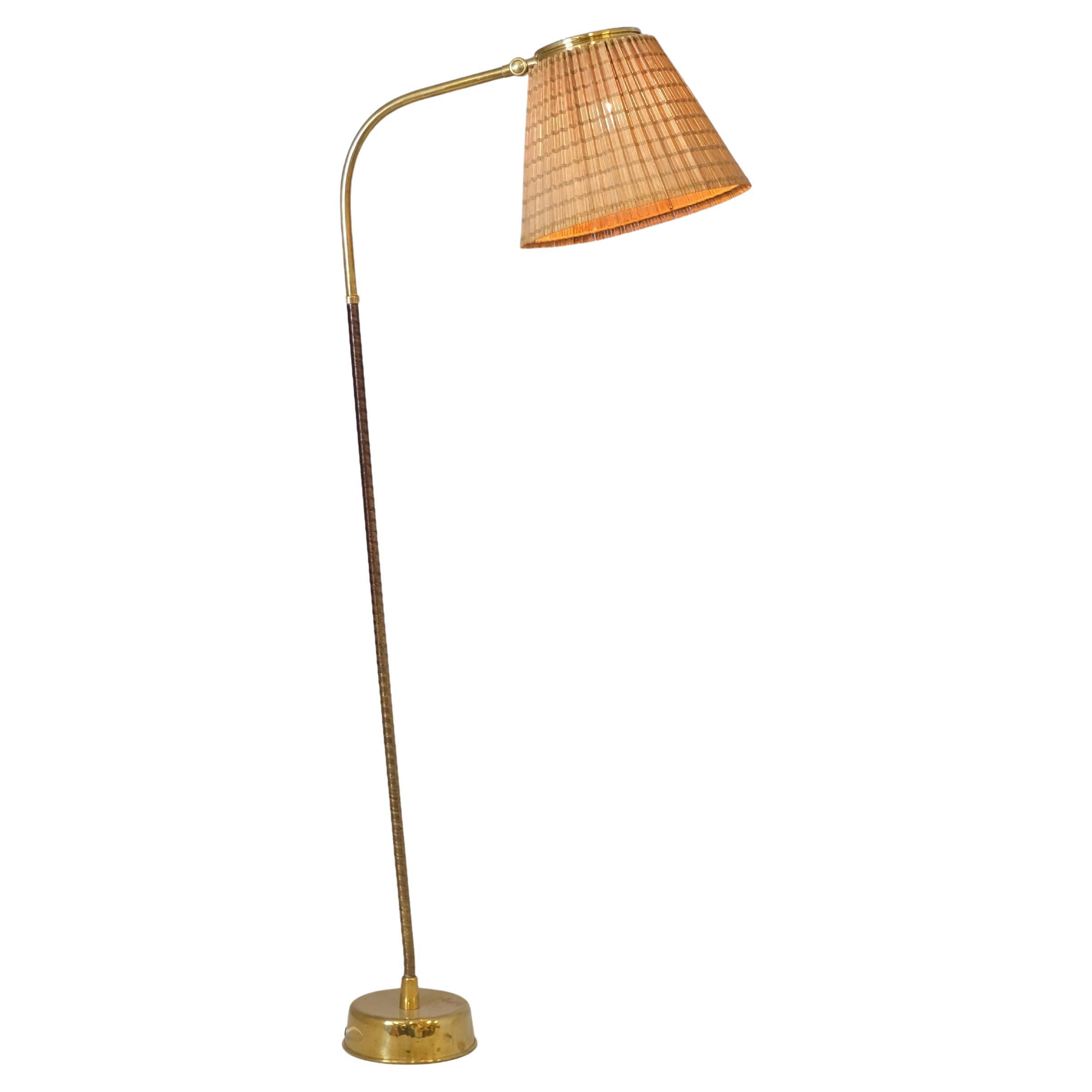 Lisa Johansson-Pape, Floor Lamp Model 2063 in Brass & Rattan, Orno 1950s