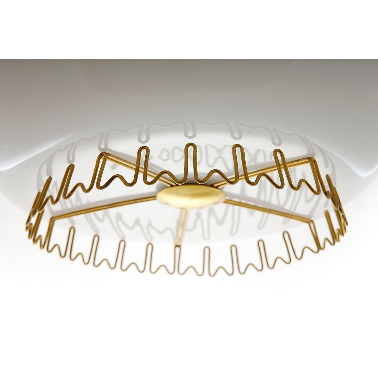 Mid-20th Century Lisa Johansson-Pape Flush Mount Light for Orno, Opal Glass Brass, Finland, 1950s