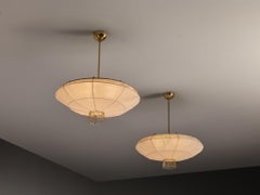 Lisa Johansson-Pape for Orno Rare Chandeliers in Brass and Off-White Fabric