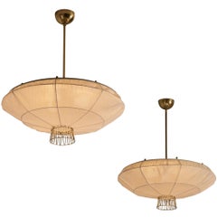 Lisa Johansson-Pape for Orno Rare Chandeliers in Brass and Off-White Fabric