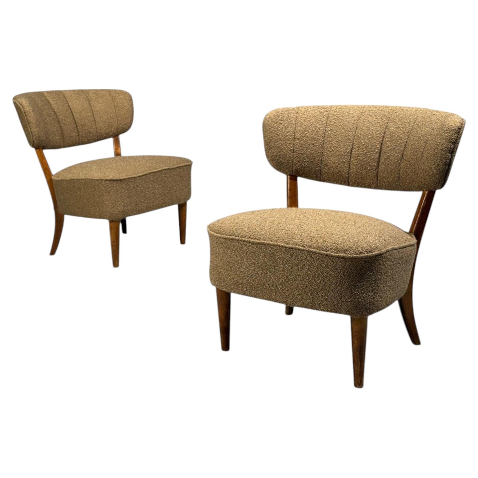 Lisa Johansson-Pape, Lounge Chairs, Brown Boucle, Wood, Finland, 1940s