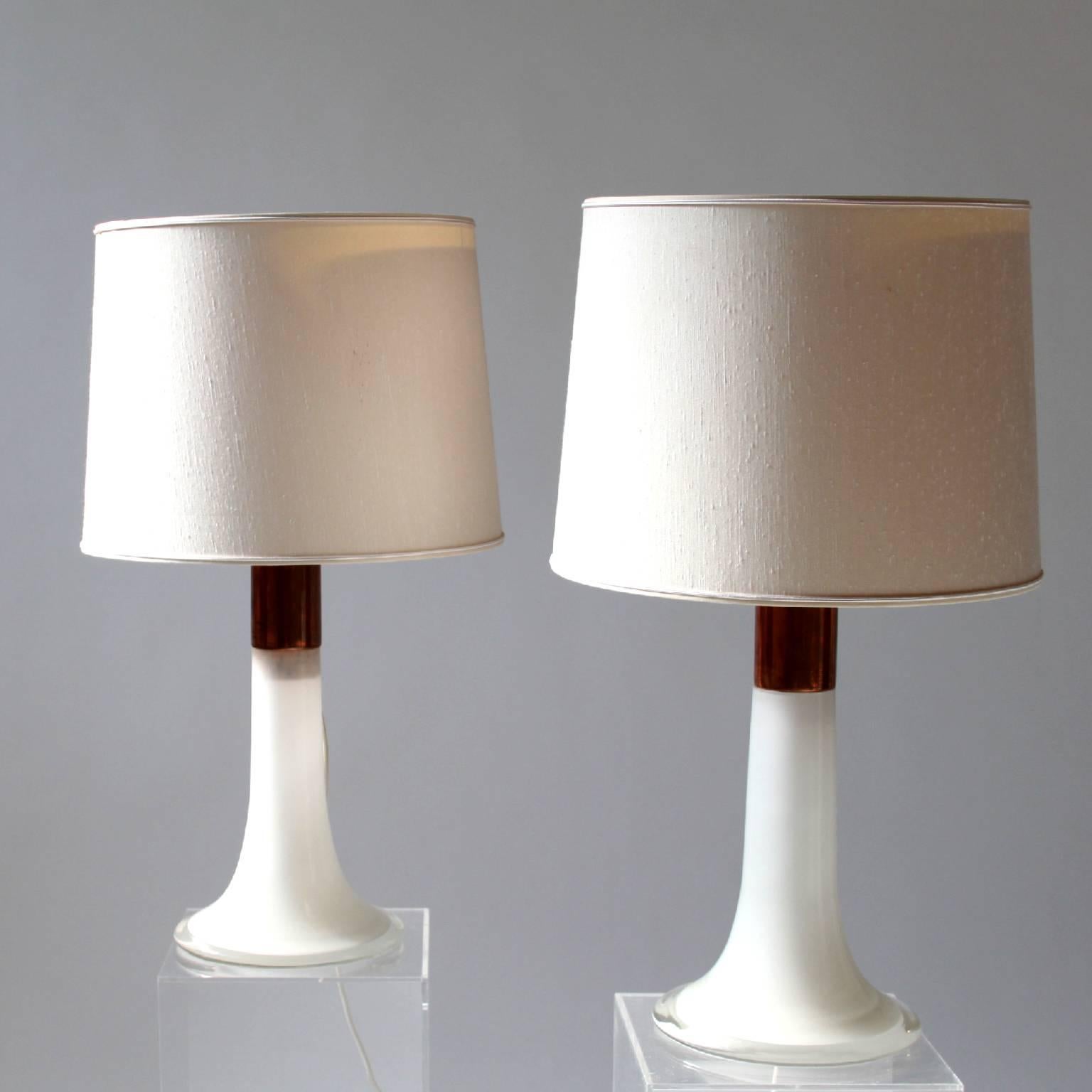20th Century Lisa Johansson-Pape, Pair of Opal Glass and Copper Table Lamps, 1960s