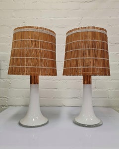 Lisa Johansson Pape Pair of Table Lamps, Opal Glass, Copper & Rattan, Orno 1960s