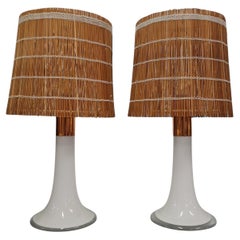 Lisa Johansson Pape Pair of Table Lamps, Opal Glass, Copper 
Rattan, Orno 1960s