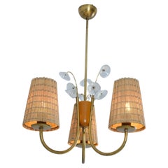 Lisa-Johansson Pape Pendant in Brass, Birch, Rattan, & Glass Flowers, Orno 1950s