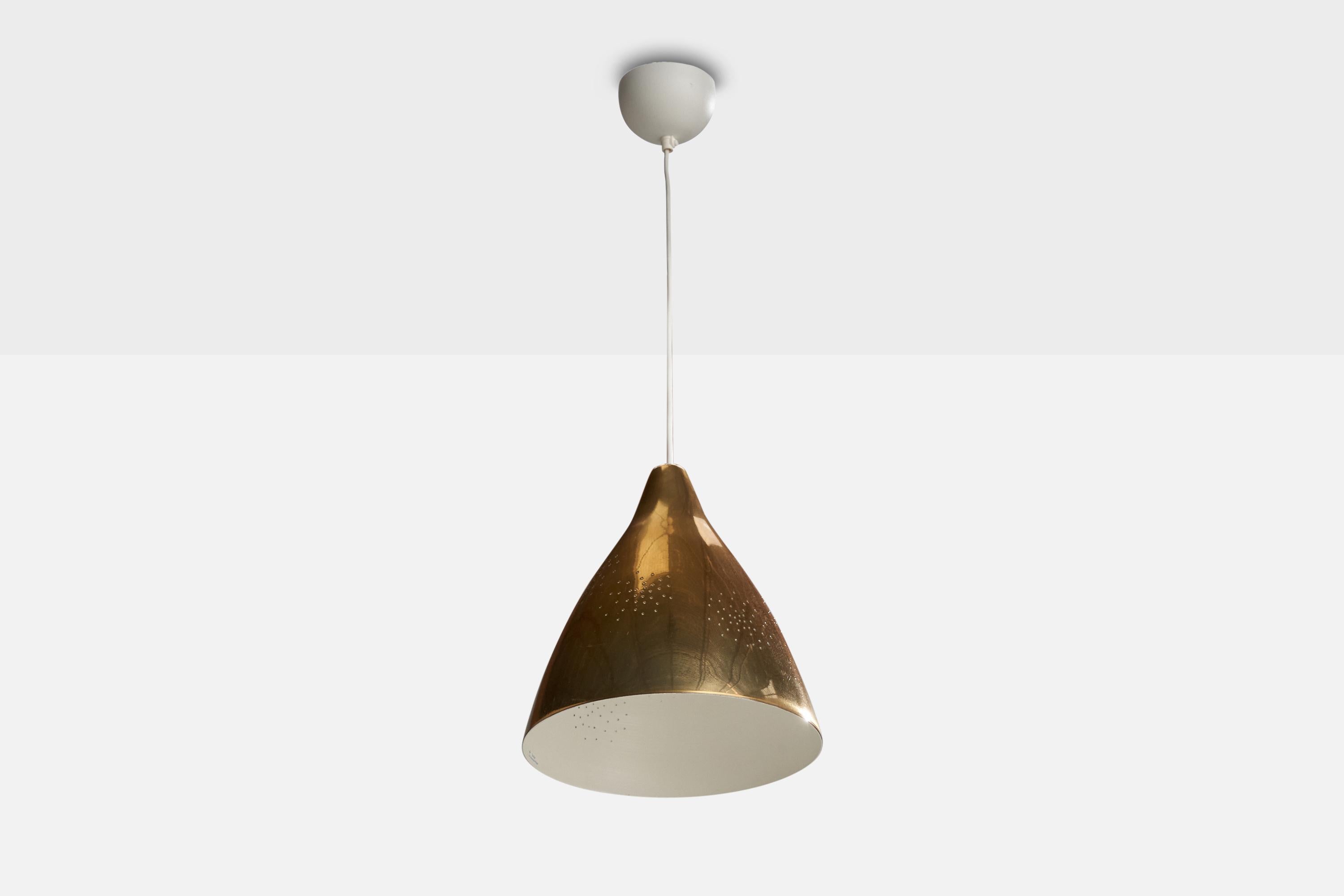 A brass pendant designed by Lisa Johansson-Pape and produced by Ornö, Finland, c. 1950s.

Overall Dimensions (inches): 28.5” H x 10.25 ” Diameter
Dimensions of Canopy: 2.25 ” H x 3.875 ” D
Cord length: 13.75 ”H
Bulb Specifications: E-26 