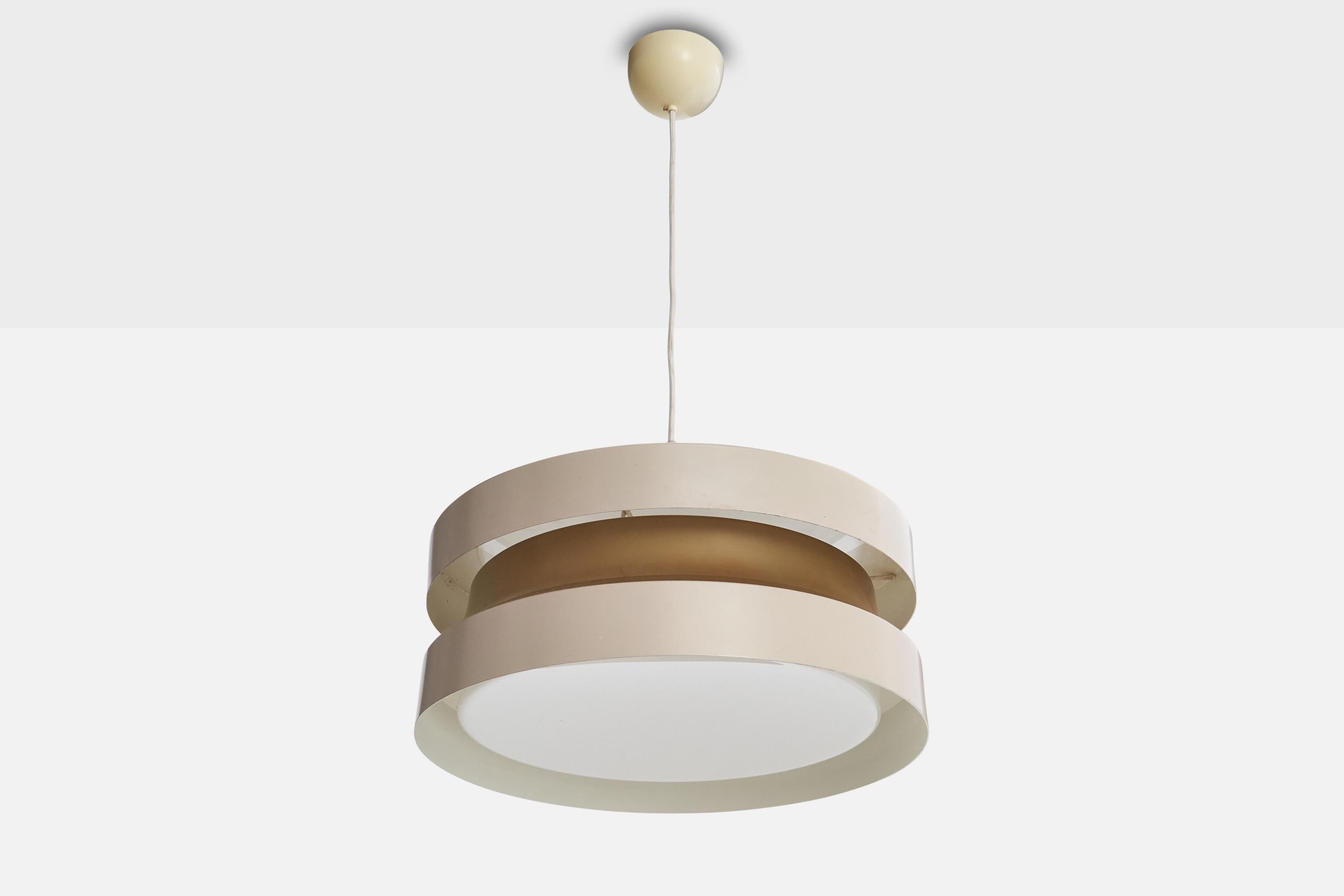 An off-white and gold-lacquered metal and acrylic pendant light designed by Lisa Johansson-Pape, and produced by Ornö, Finland, c. 1960s.

Overall Dimensions (inches): 47.75” H x 17” Diameter

Dimensions of Canopy: 2.5” H x 4” Diameter

Cord length: